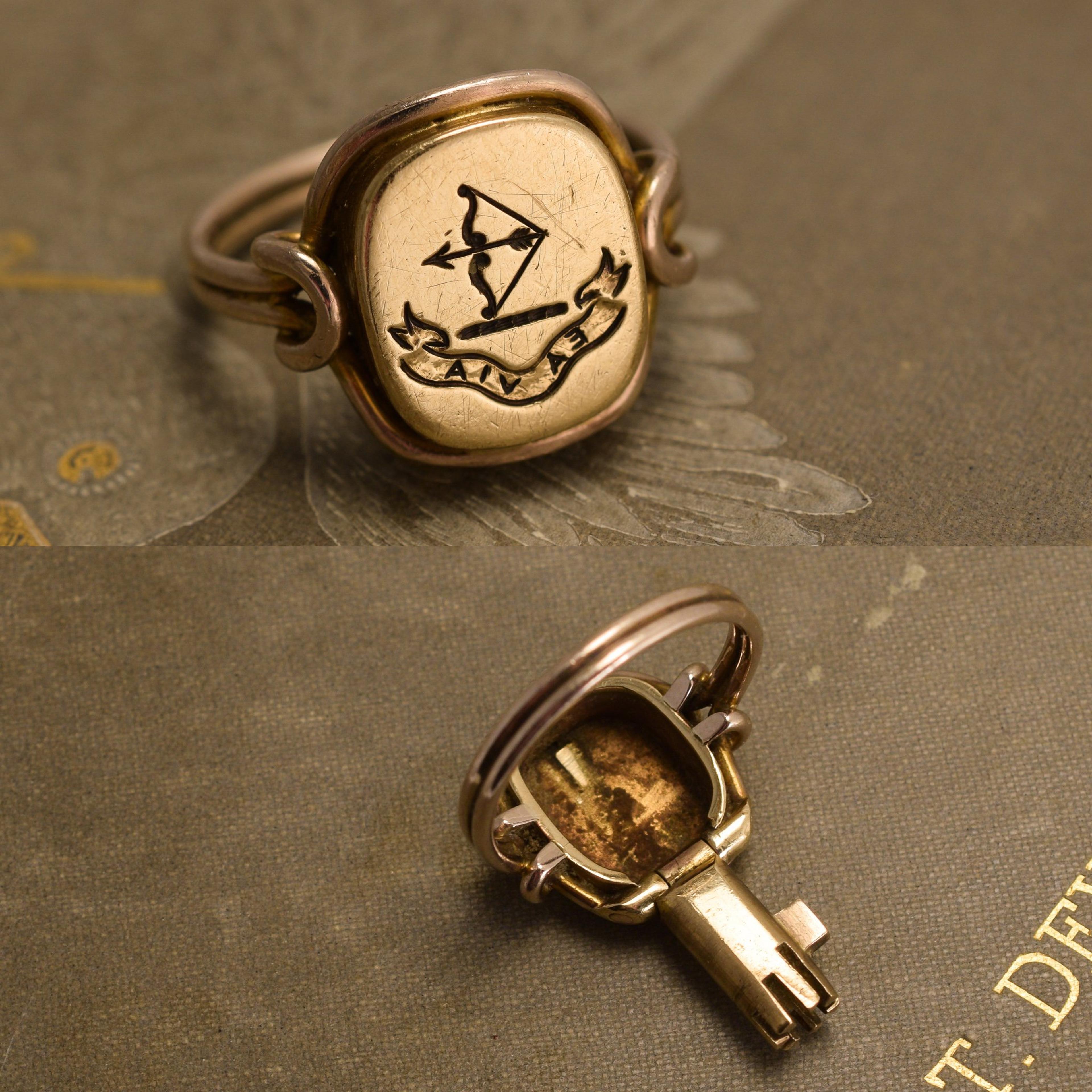 "Ea Via" Bow and Arrow Signet Ring with Concealed Key