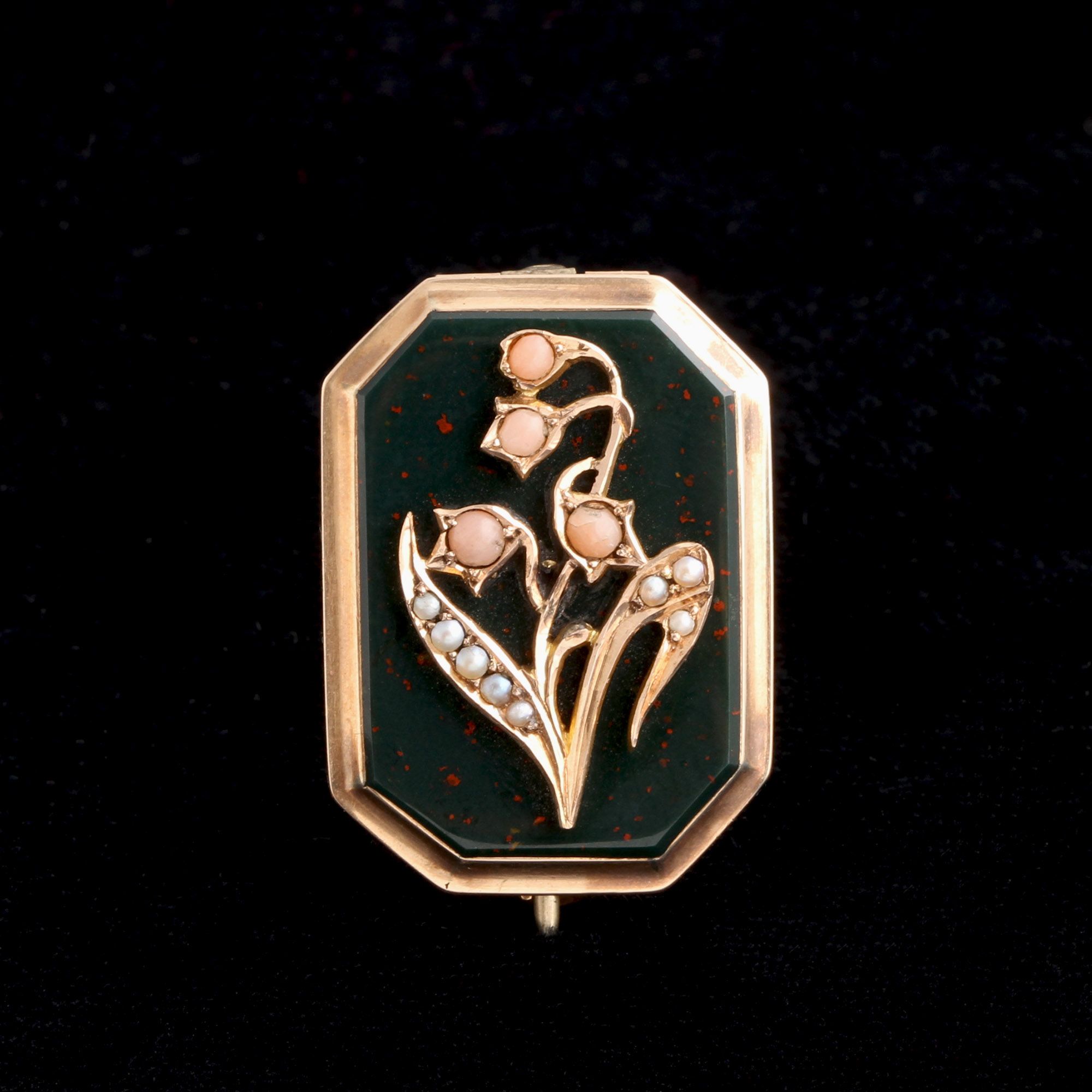 Victorian Bloodstone, Pearl & Coral Lily of the Valley Brooch
