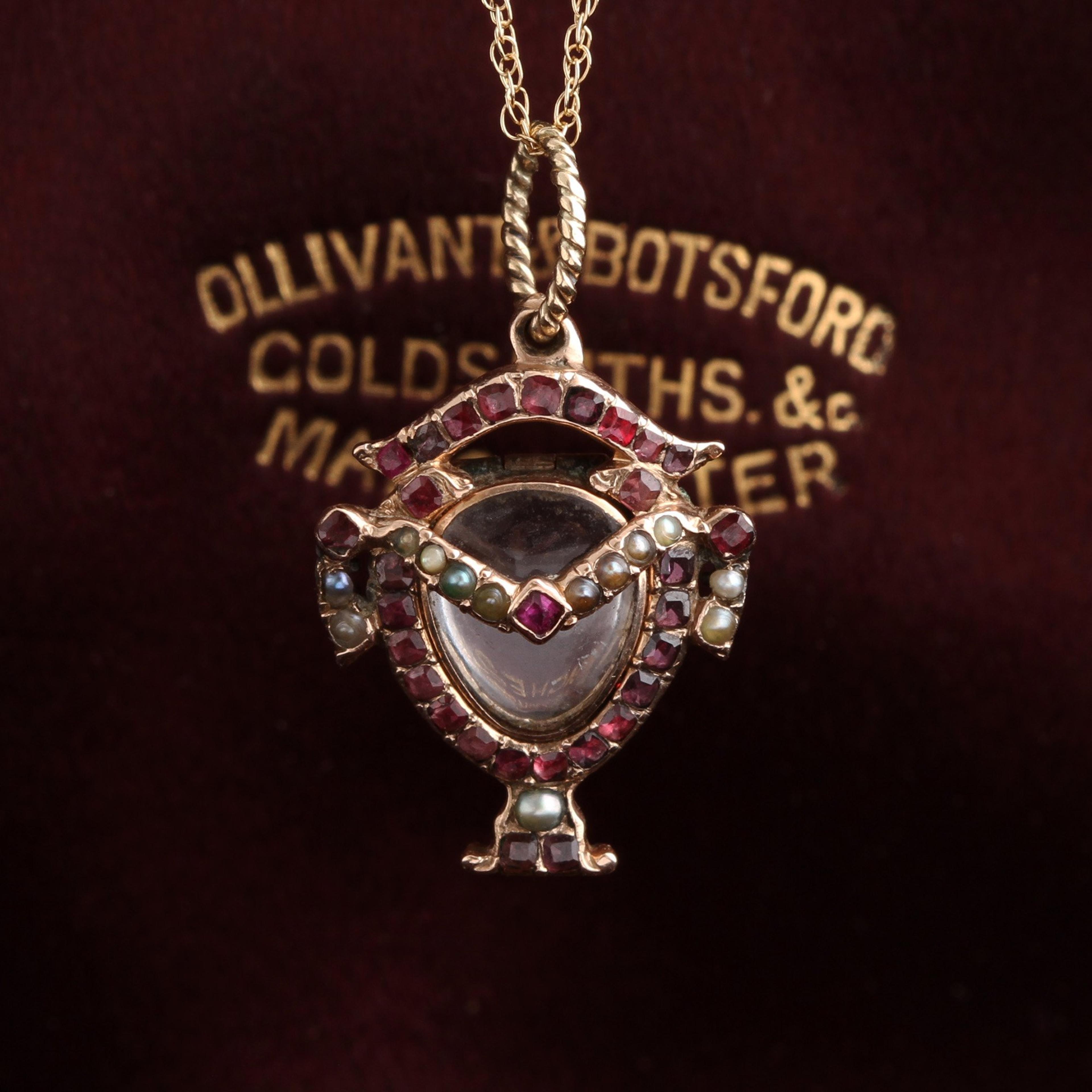 Detail of Early Victorian Ruby, Garnet and Pearl Urn Locket