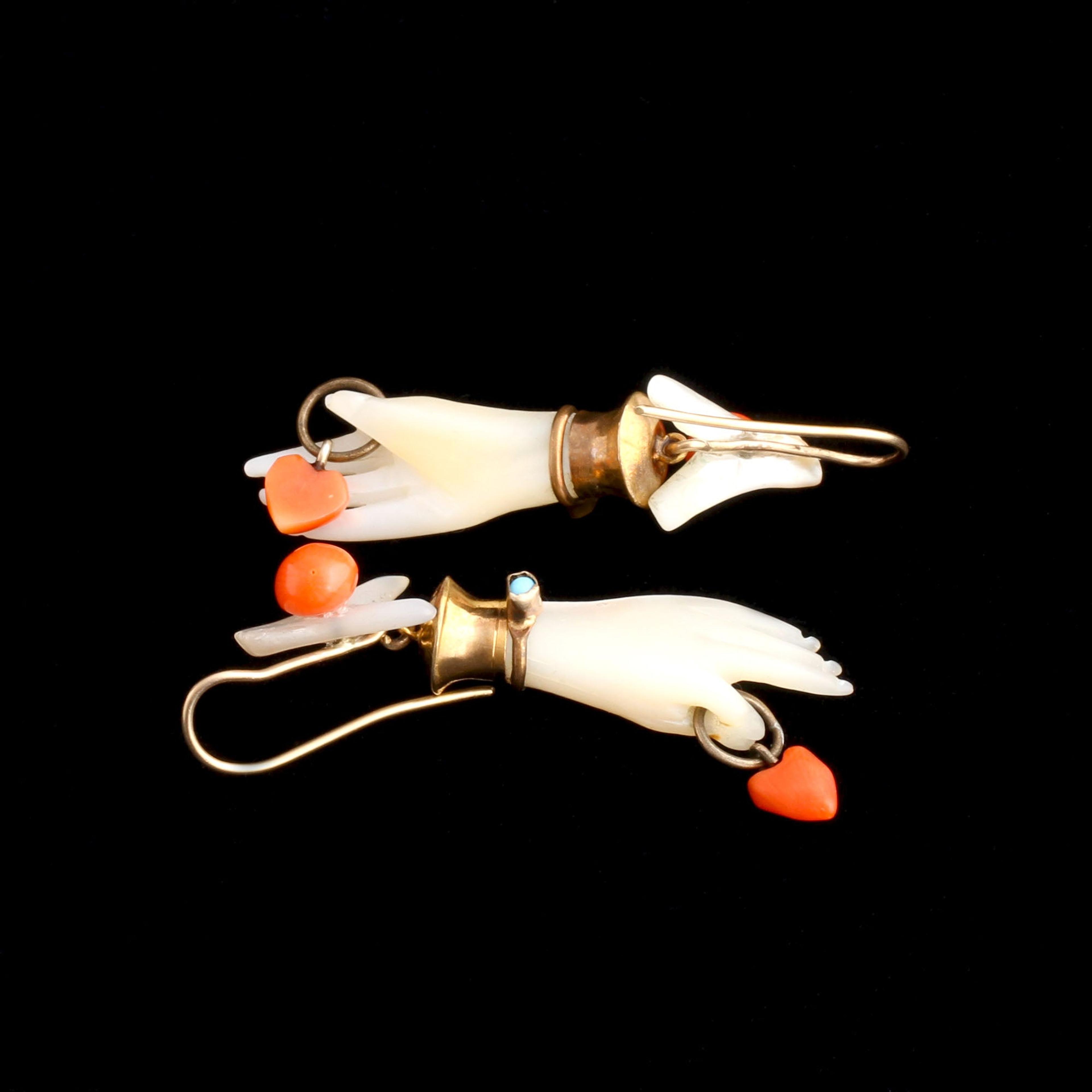Detail of Victorian Nacre, Coral & Turquoise Hearts in Hands Earrings