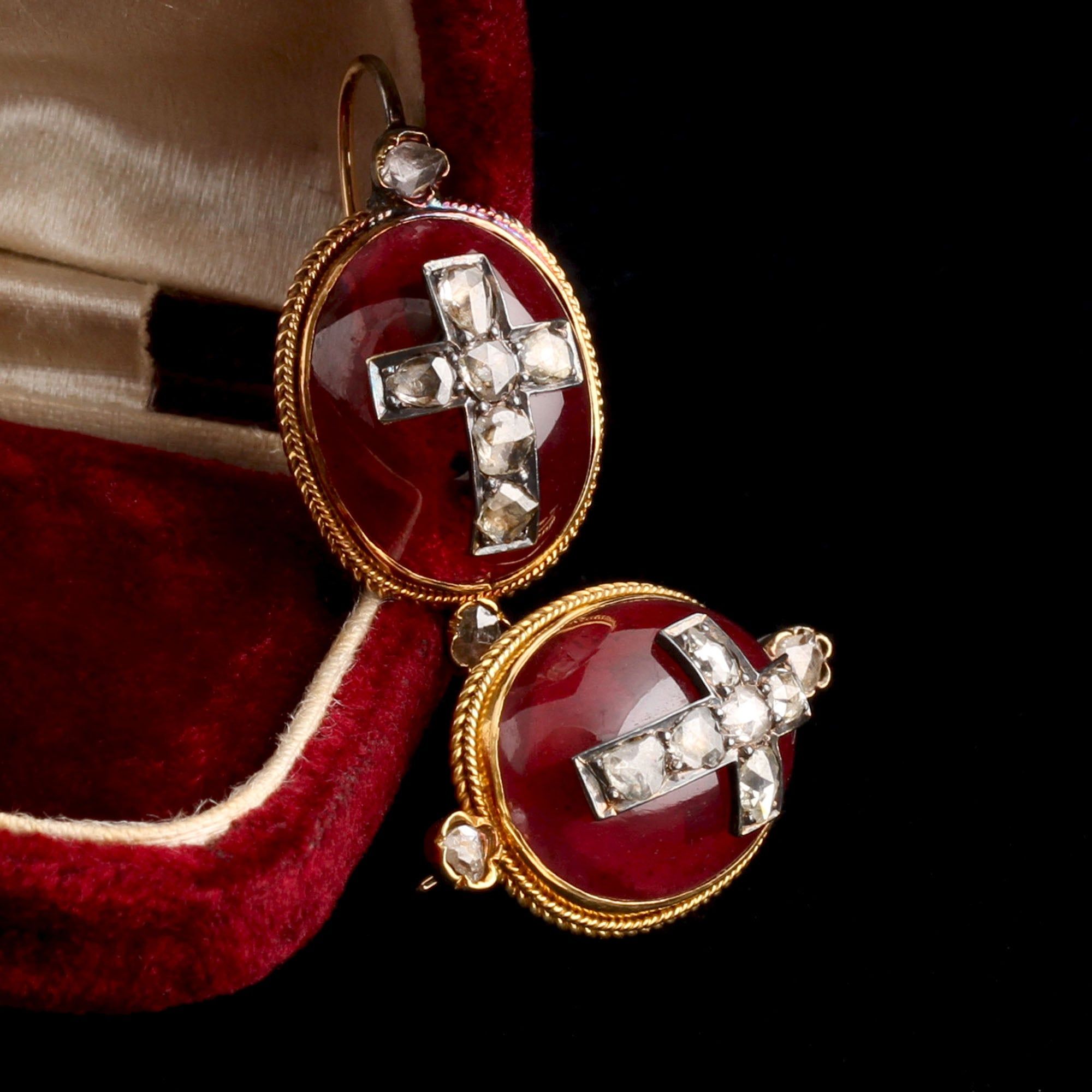 Mid Victorian Garnet Cabochon & Diamond Cross Earrings
