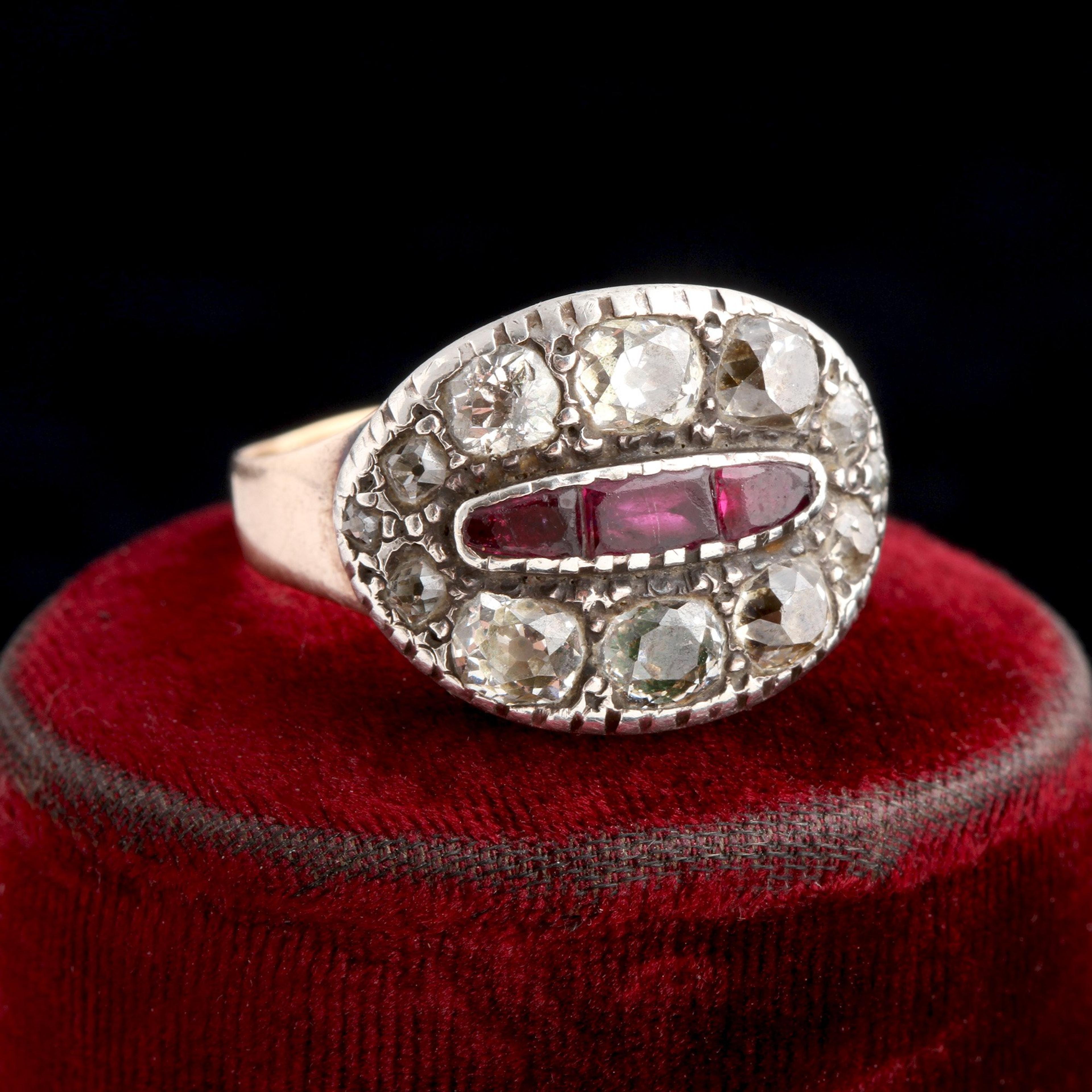 Detail of Georgian Old Mine Cut Diamond & Ruby Cluster Ring