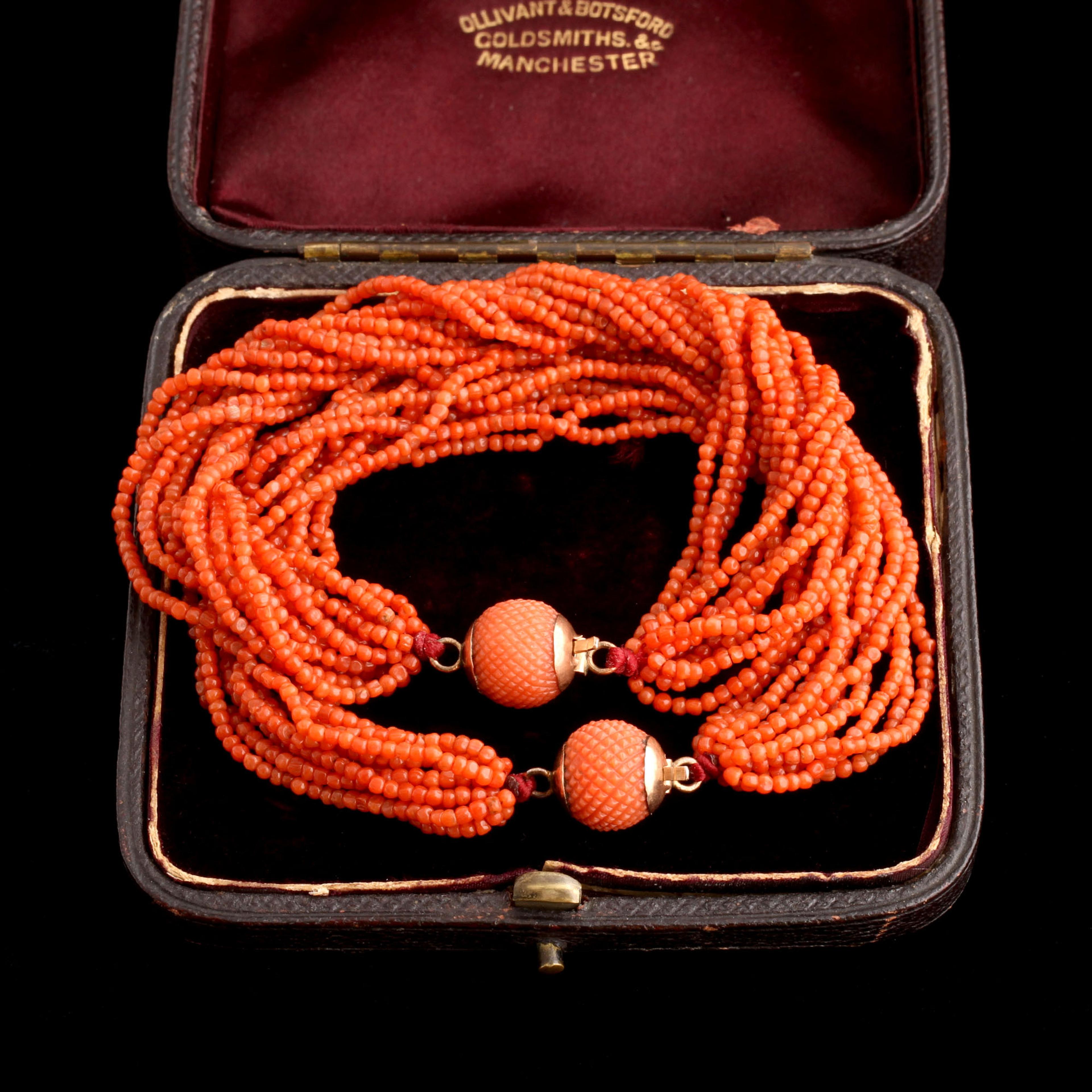 Early Victorian Coral Beads & "Pineapple" Clasp Bracelet Set