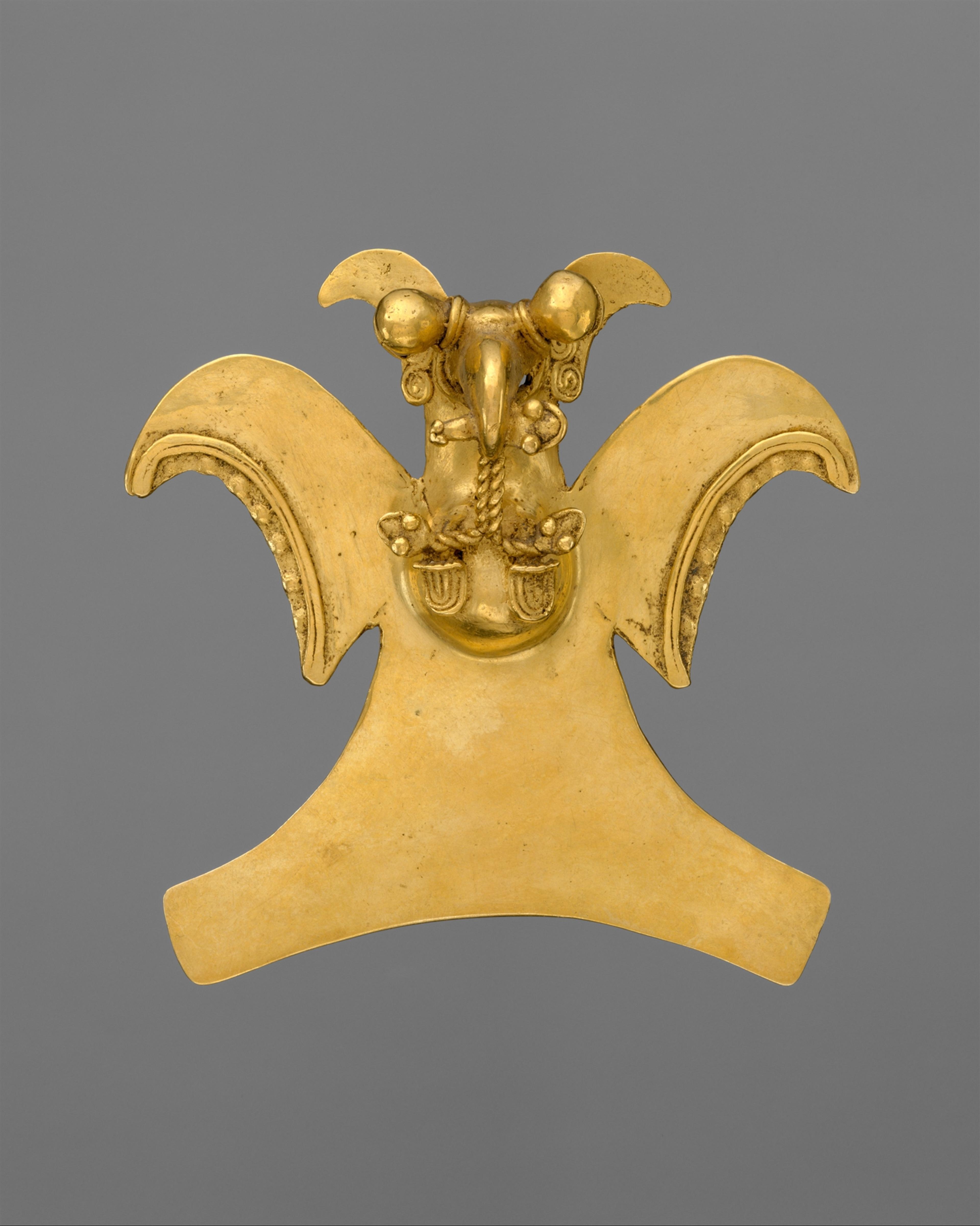 Eagle pendant, Chiriquí, 800-1519 A.D. Bird pendants like this one were first noted by Christopher Columbus, who dubed them aguilas (after the Roman version he was familiar with). Metropolitan Museum of Art.