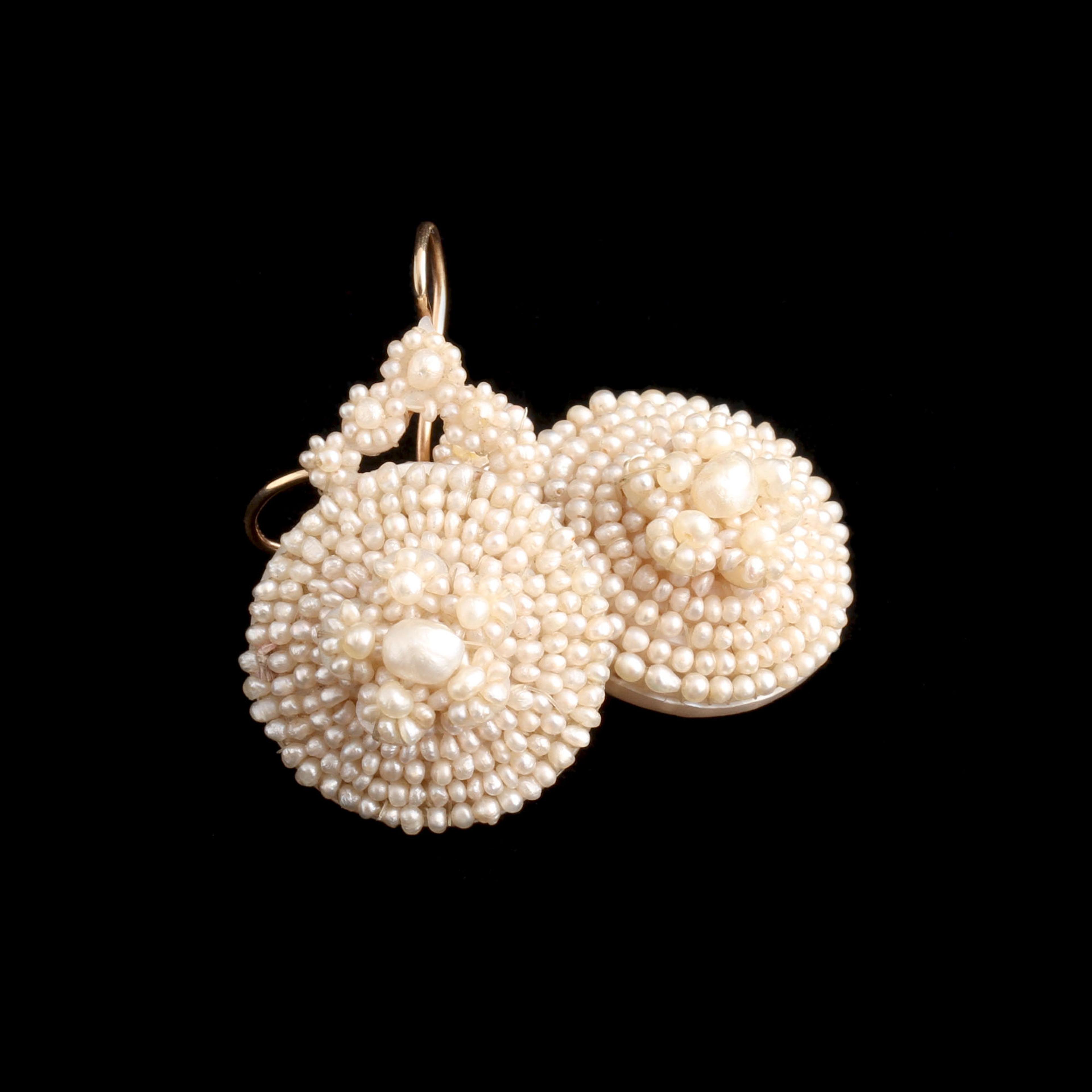 Early Victorian Floral Cluster Sewn Pearl Earrings