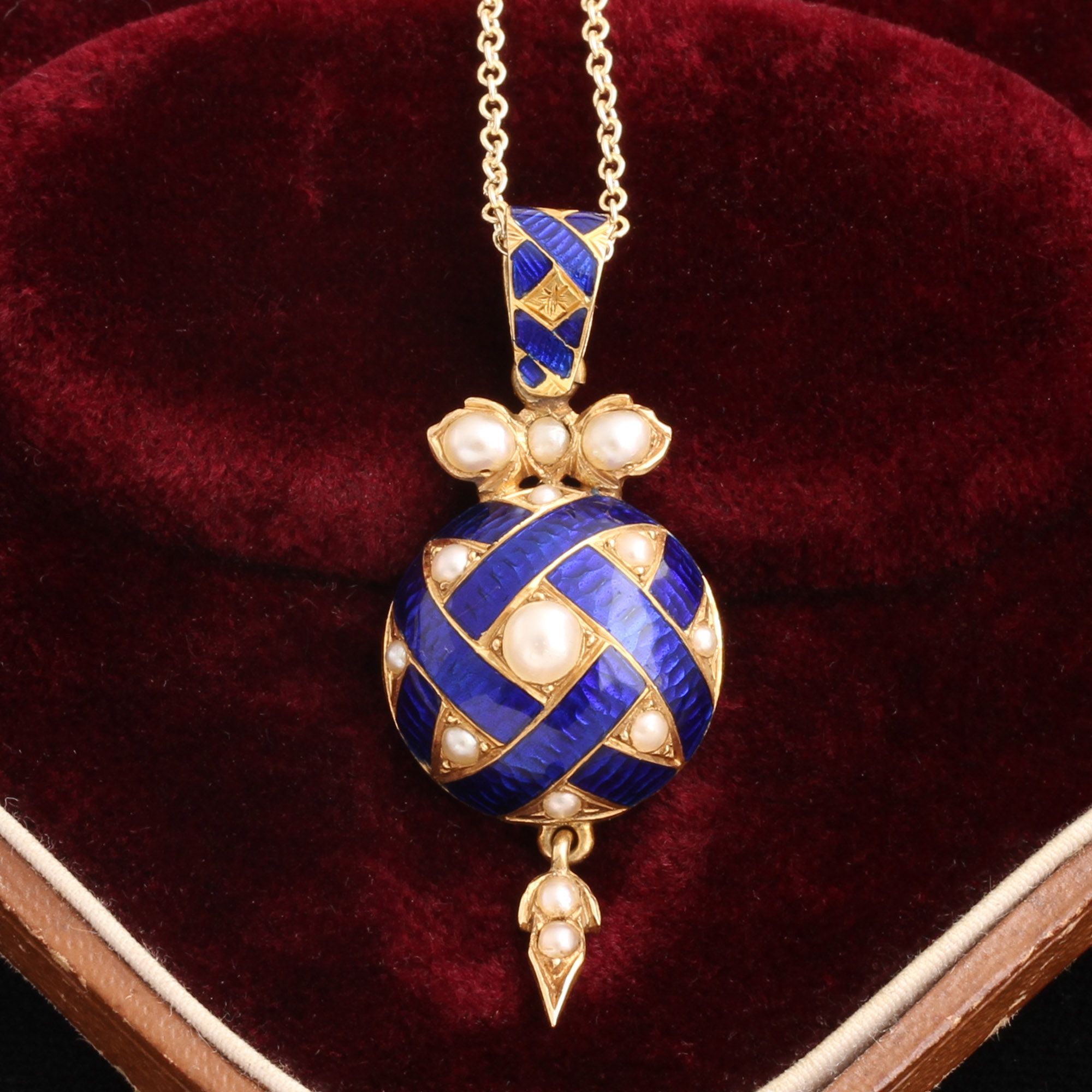 Victorian Pearl & Blue Enamel Ribbon Locket
