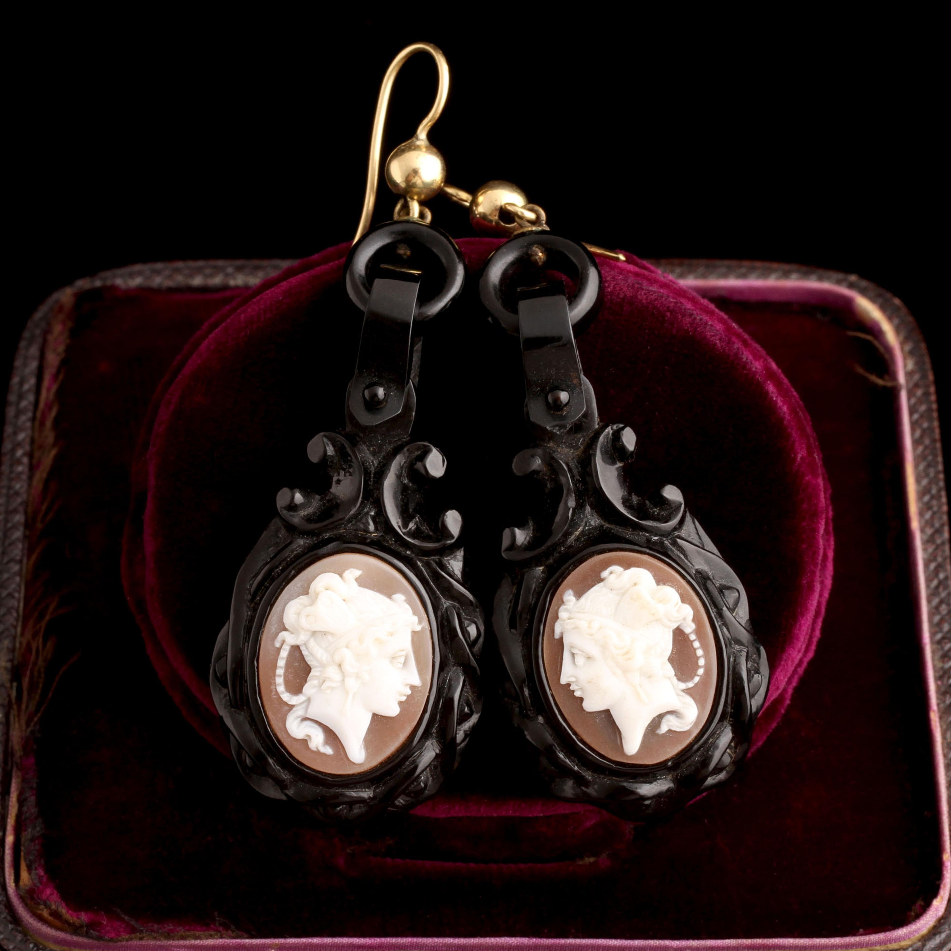 Neoclassical Medusa Shell Cameo Jet Earrings