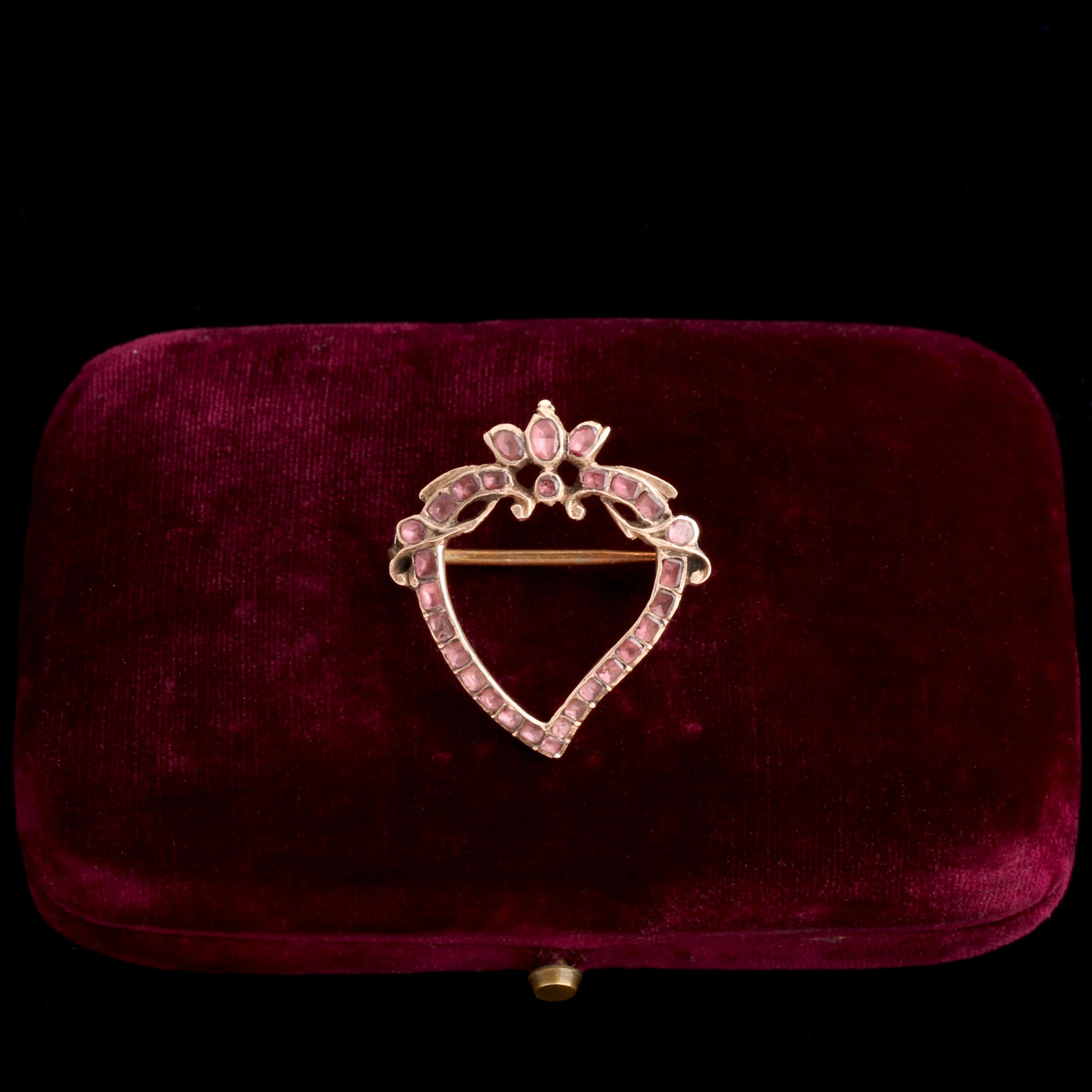 Georgian Flat Cut Garnet Witch's Heart Brooch