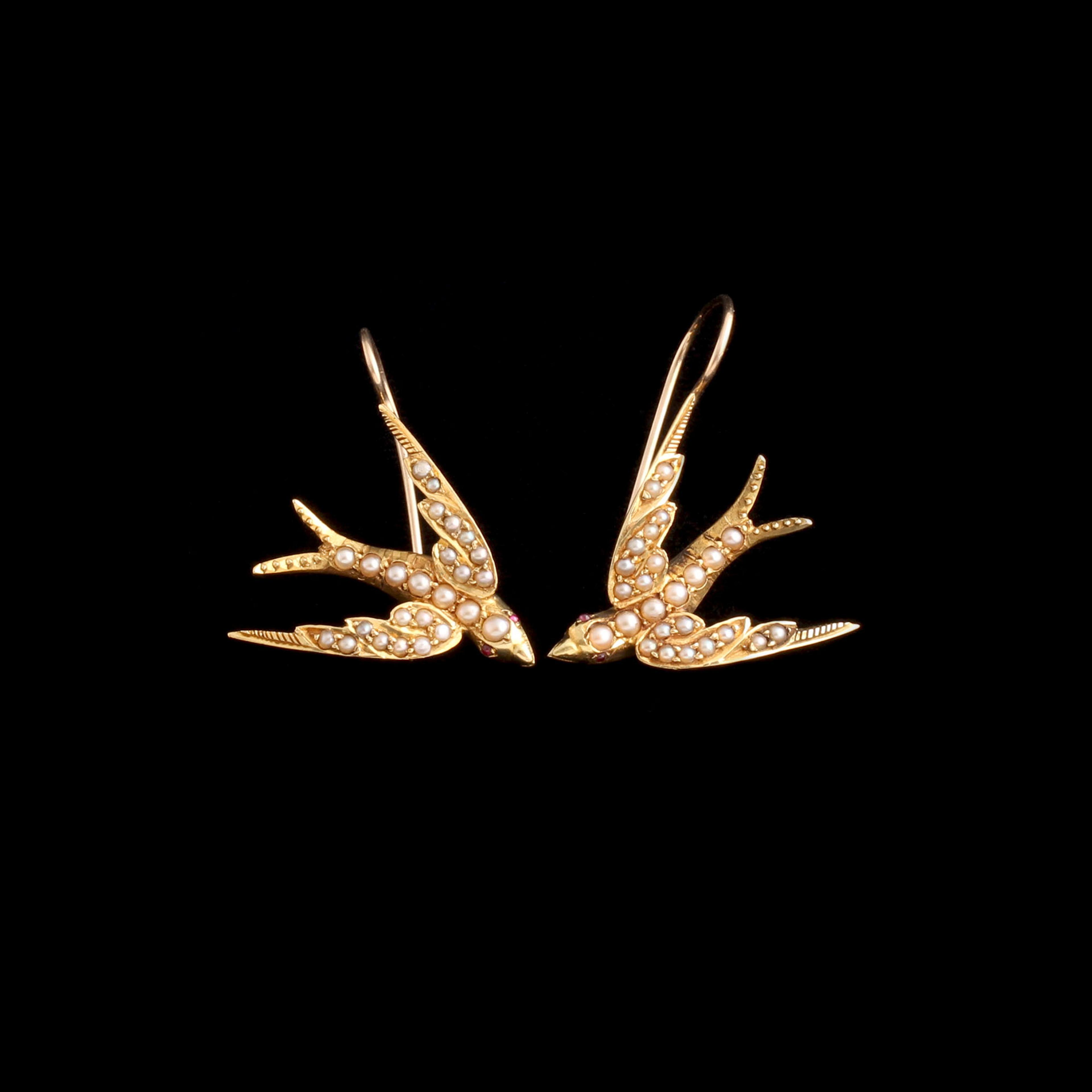 Edwardian Garnet-Eyed Pearl Swallow Earrings