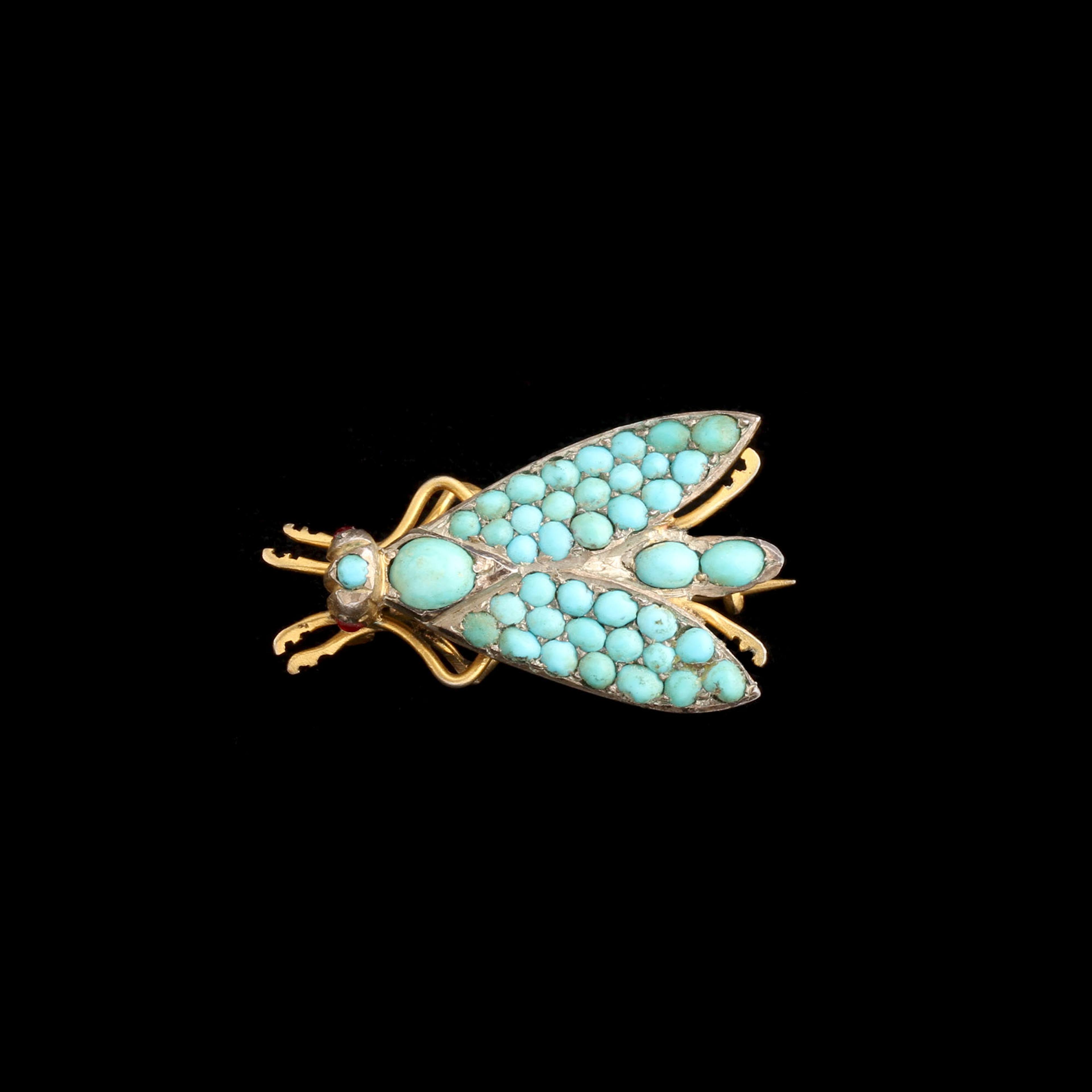 Victorian Turquoise & Garnet Gilt Silver Moth Brooch