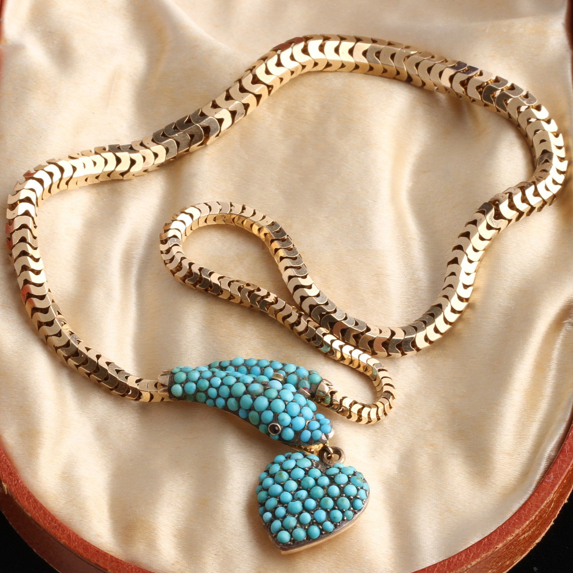 Detail of Victorian Turquoise Snake Collar with Heart Pendant In Original Box