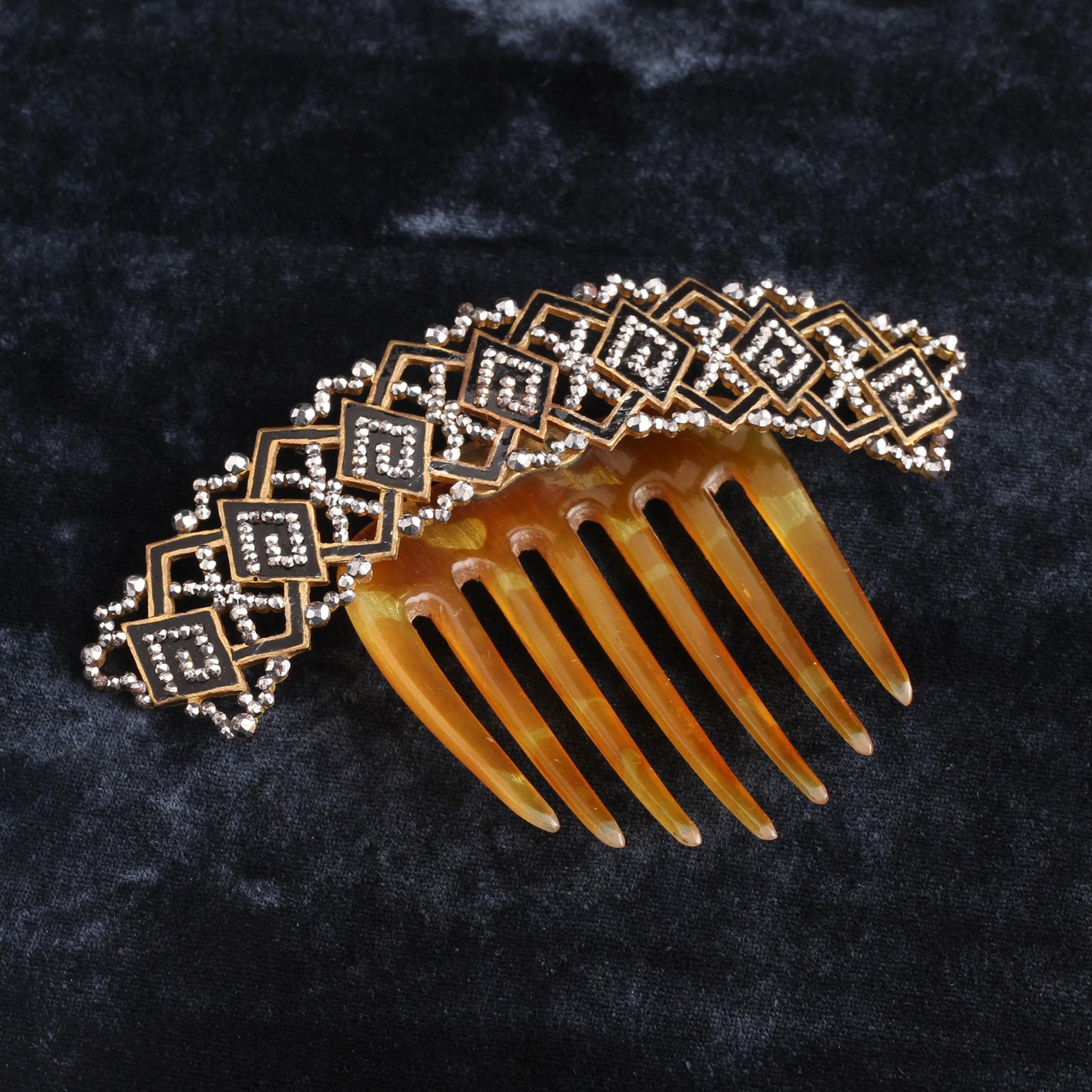 Georgian Cut Steel & Enamel Hair Comb