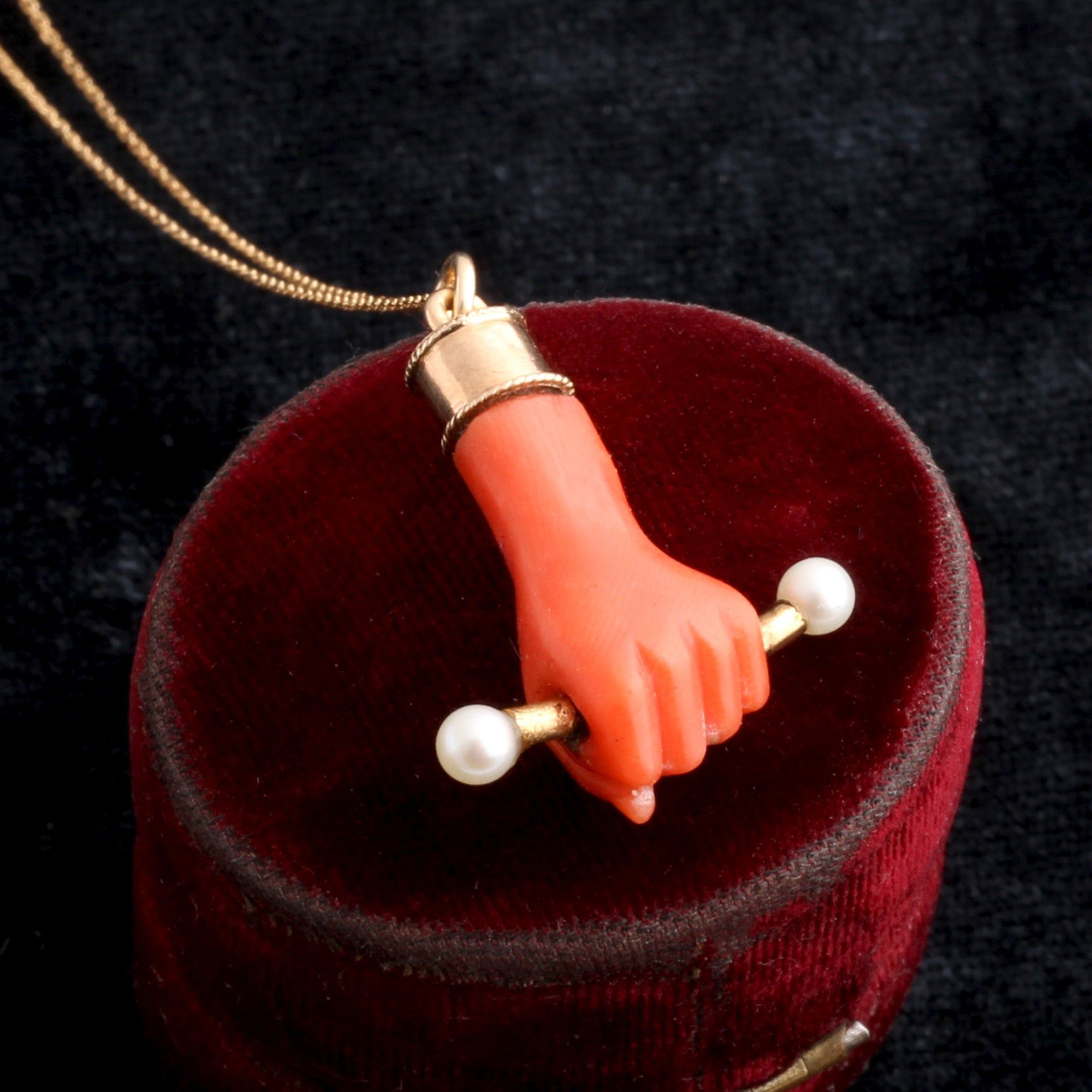 Detail of Victorian Coral Fist & Pearl Baton Necklace