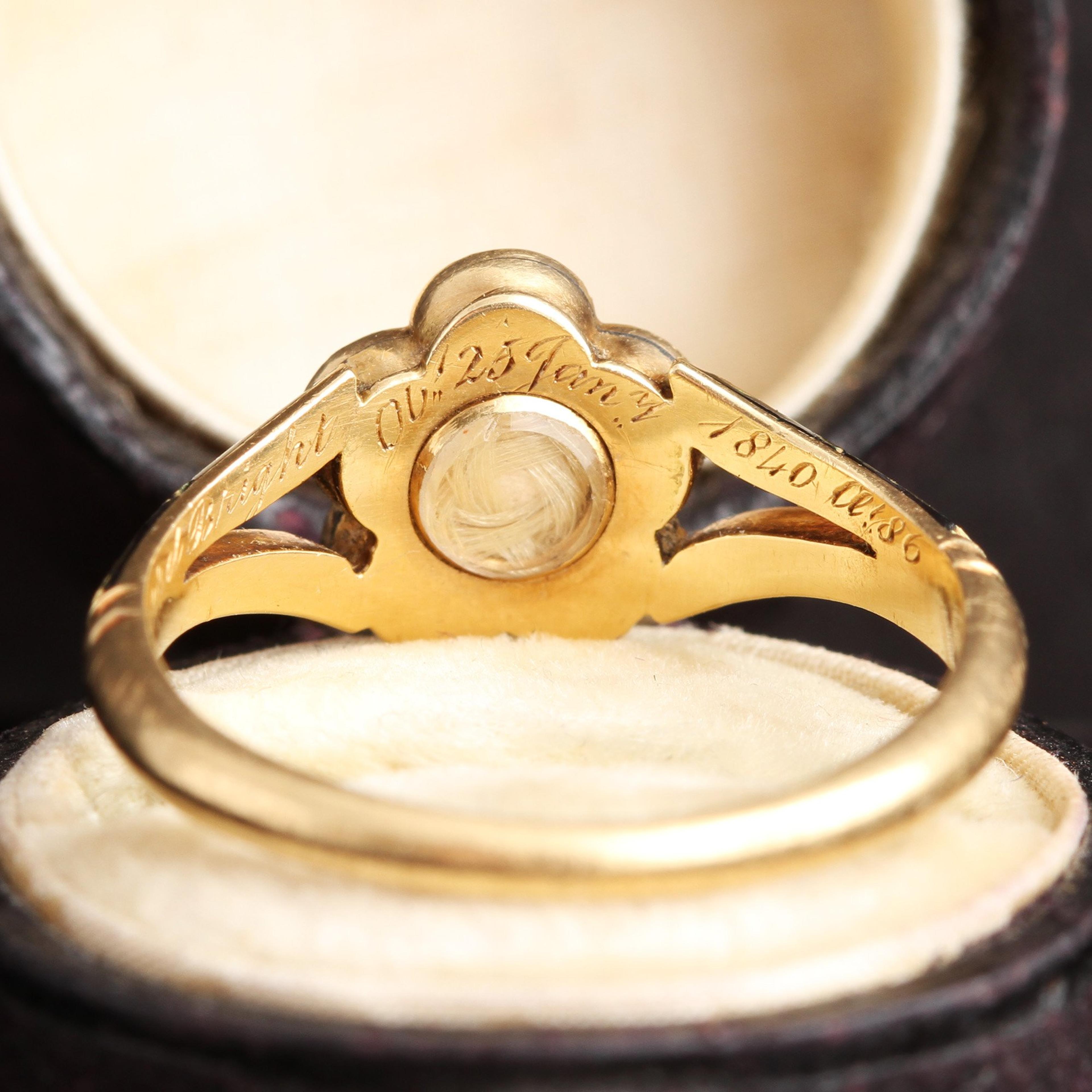 Inscription detail of Early Victorian Diamond and Enamel Pansy Mourning Ring