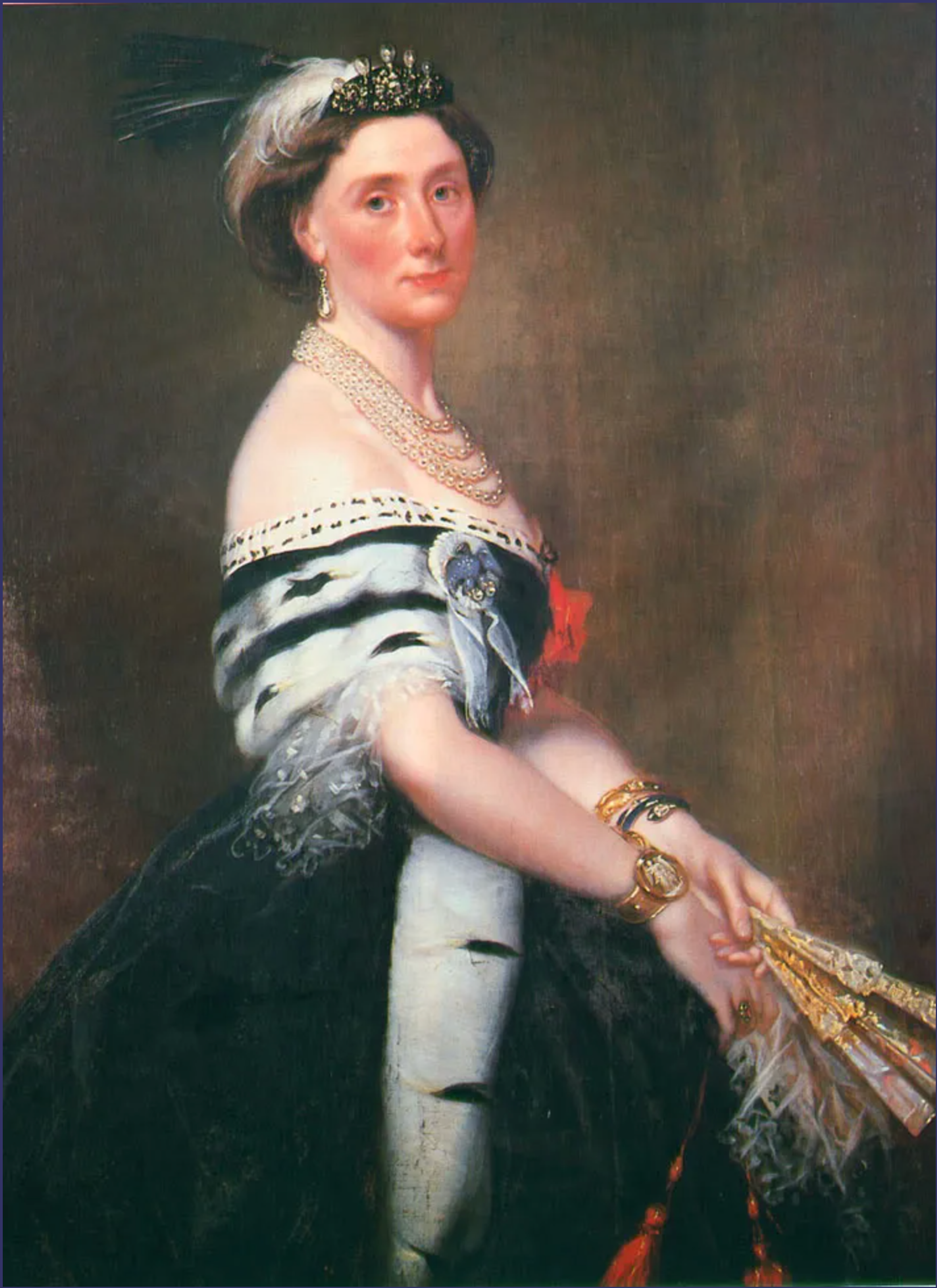 One of Queen Victoria's twelve wedding train-bearers wearing her turquoise eagle brooch.The Duchess of Bedford by Richard Buckner, 1850.