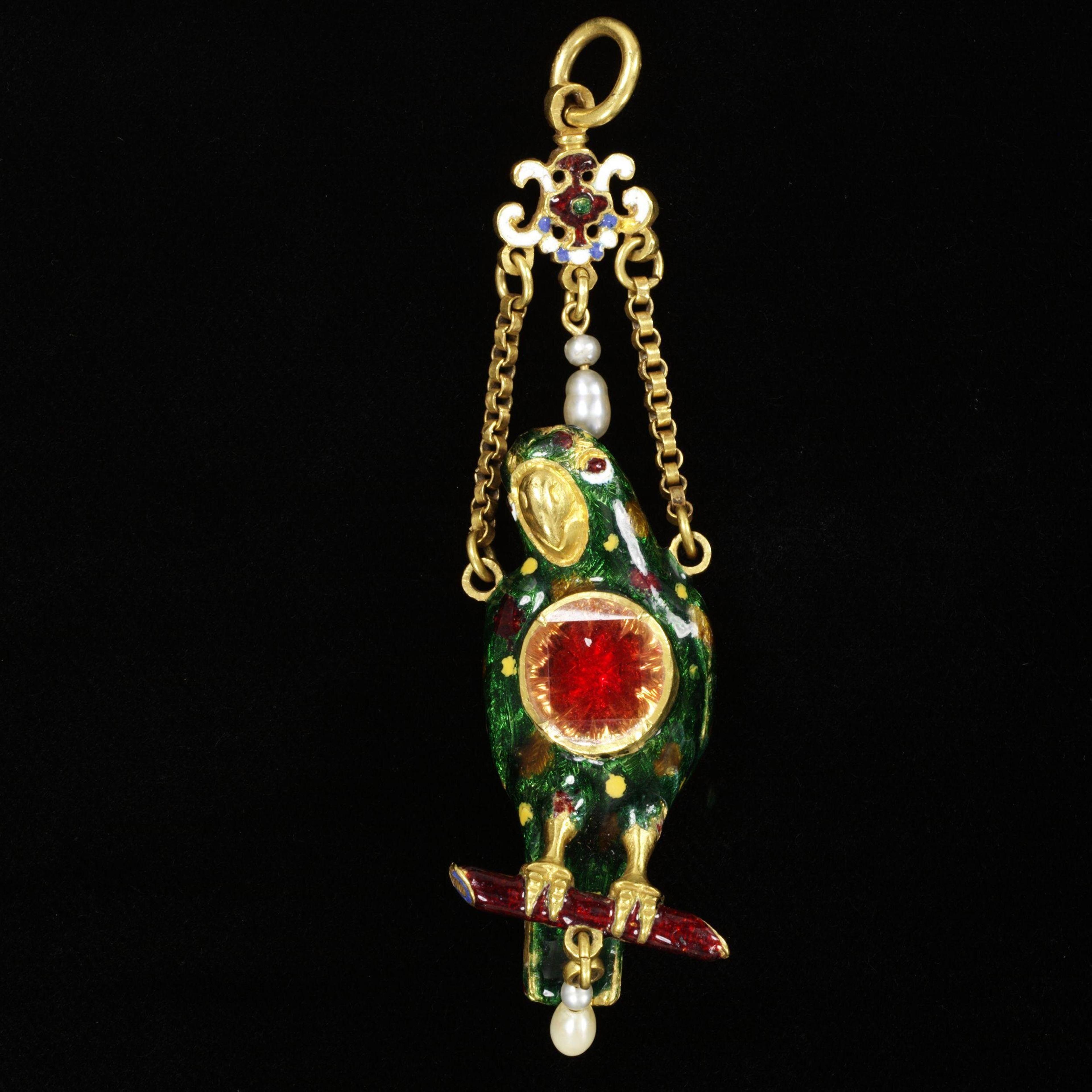 Enameled gold parrot pendant, 1600-1650. The Victoria and Albert Museum.
