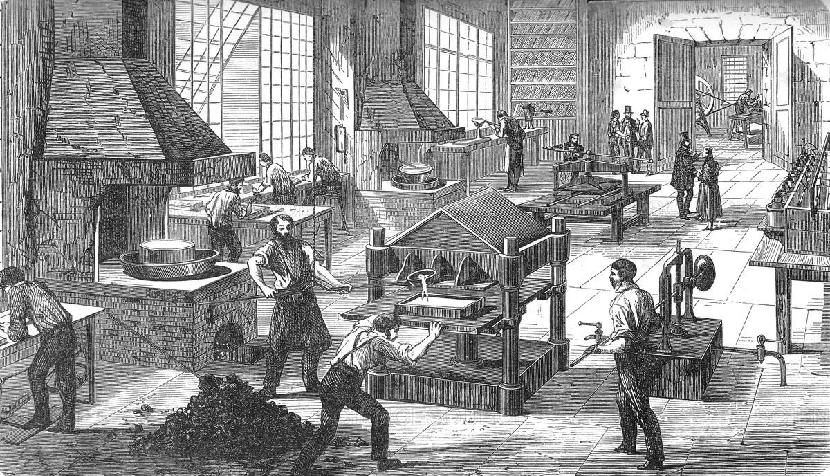 Illustration of an Electroplating factory, 19th century.