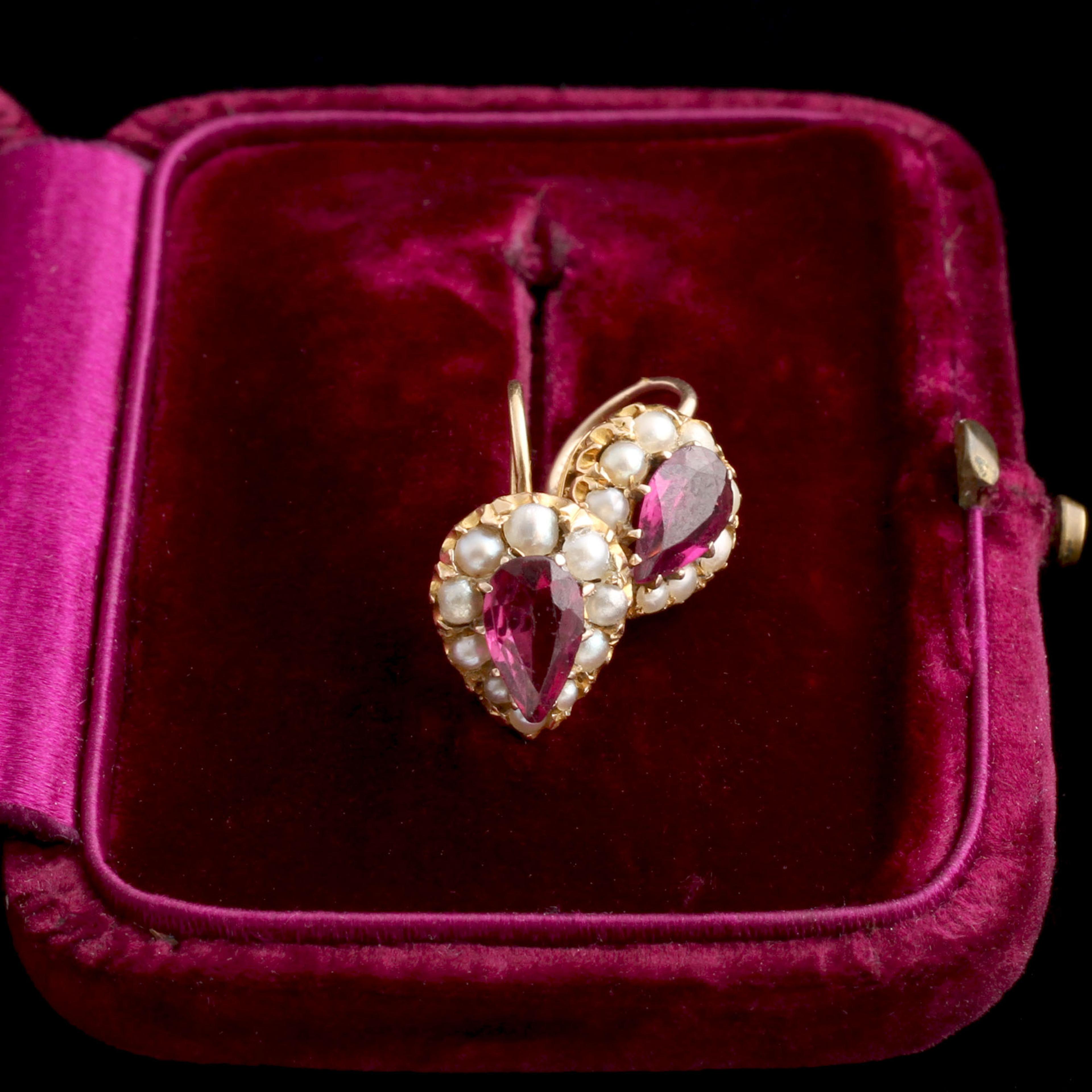 Detail of Victorian Garnet & Pearl Heart Cluster Earrings