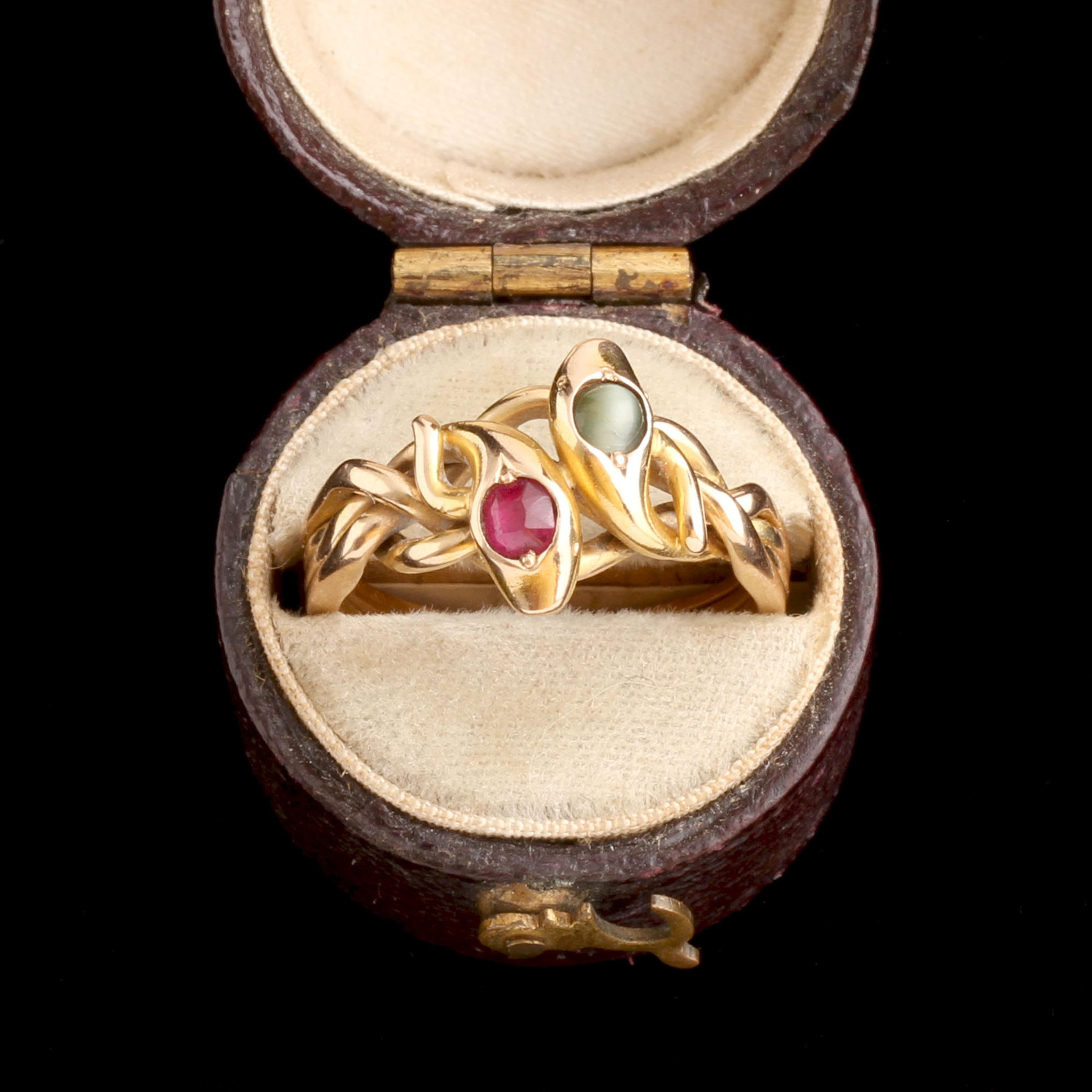 Victorian Cat's Eye Chrysoberyl & Ruby Snake Puzzle Ring