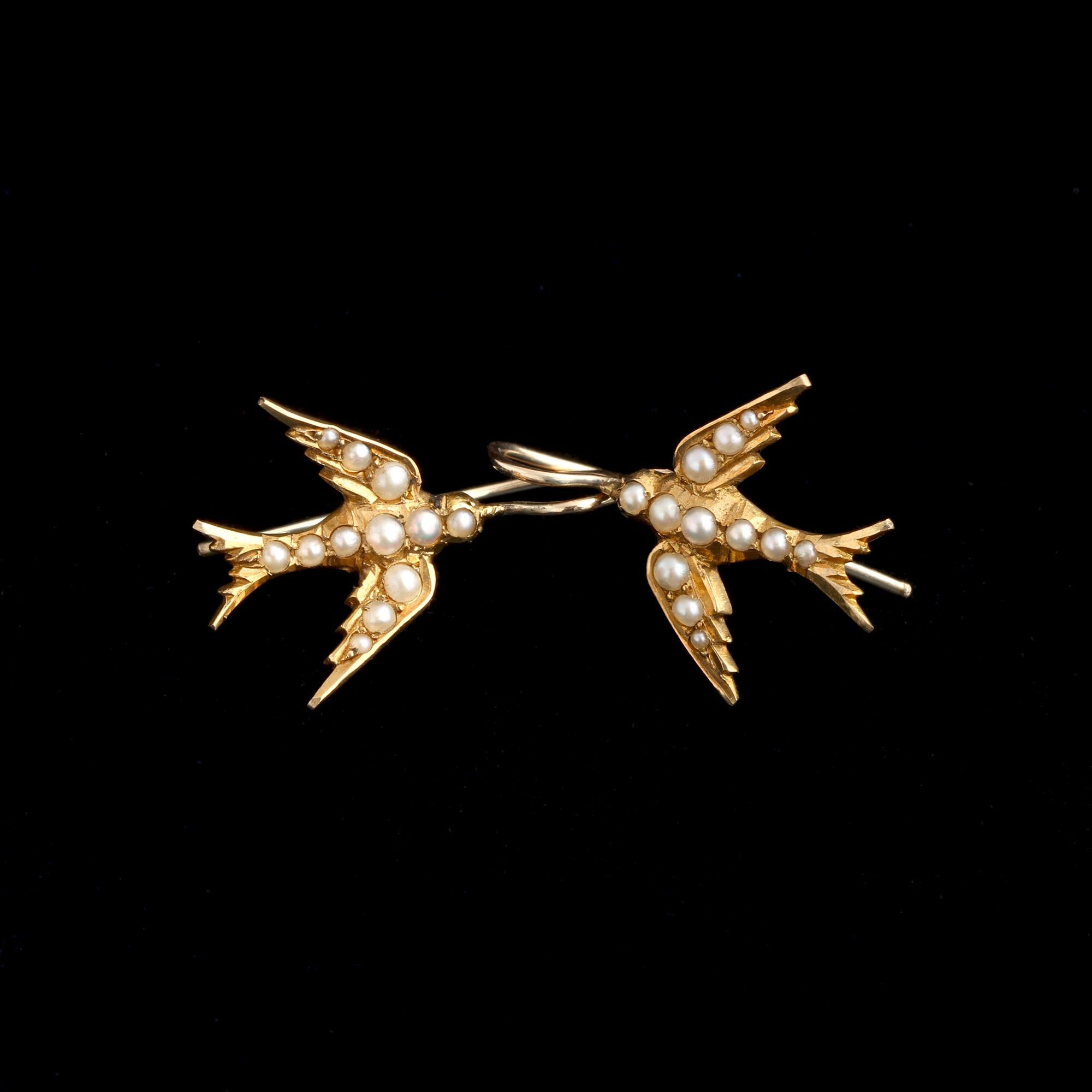 Detail of Edwardian Seed Pearl Swallow Earrings