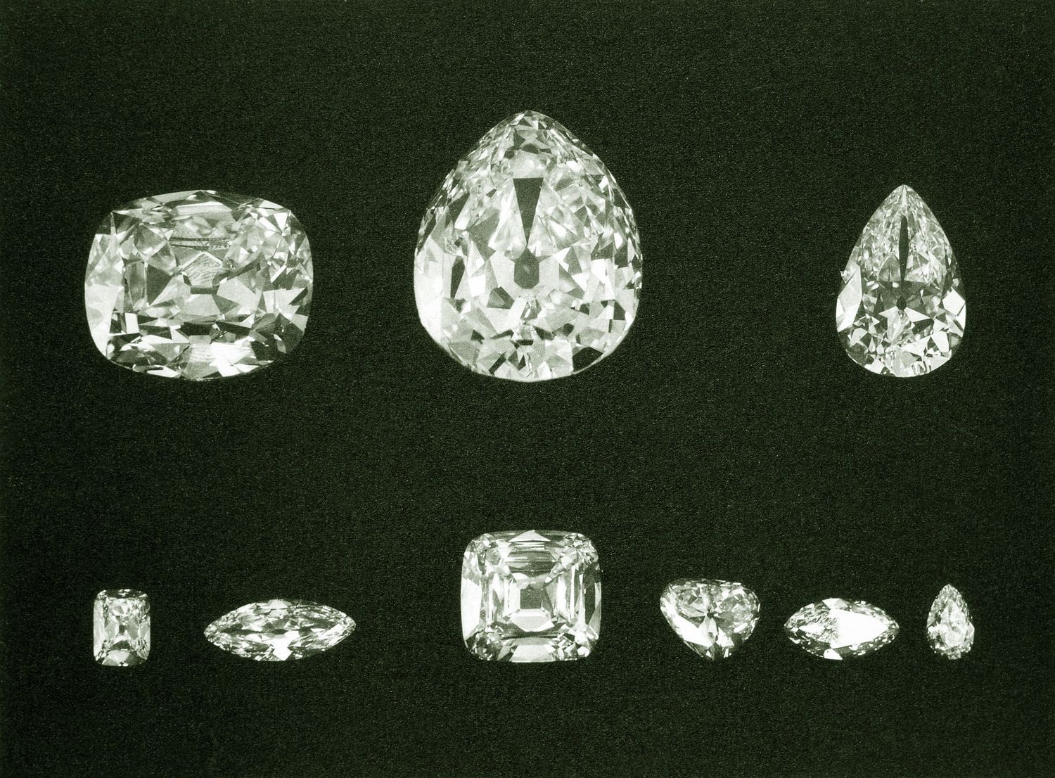 The 9 large diamonds cleaved from the Cullinan Diamond. The largest, Cullinan I and II were set in the Crown Jewels: the Sovereign's Sceptre and on the Imperial State Crown. The others (including the 96 smaller stones) were given to Asscher as payment for the cutting (although King Edward purchased Cullinan VI in a separate transaction). However, all the stones were then purchased by the South African government and given to Queen Mary in 1910. Queen Elizabeth frequently wore the brooch that Queen Mary made from Cullinan III and IV.  