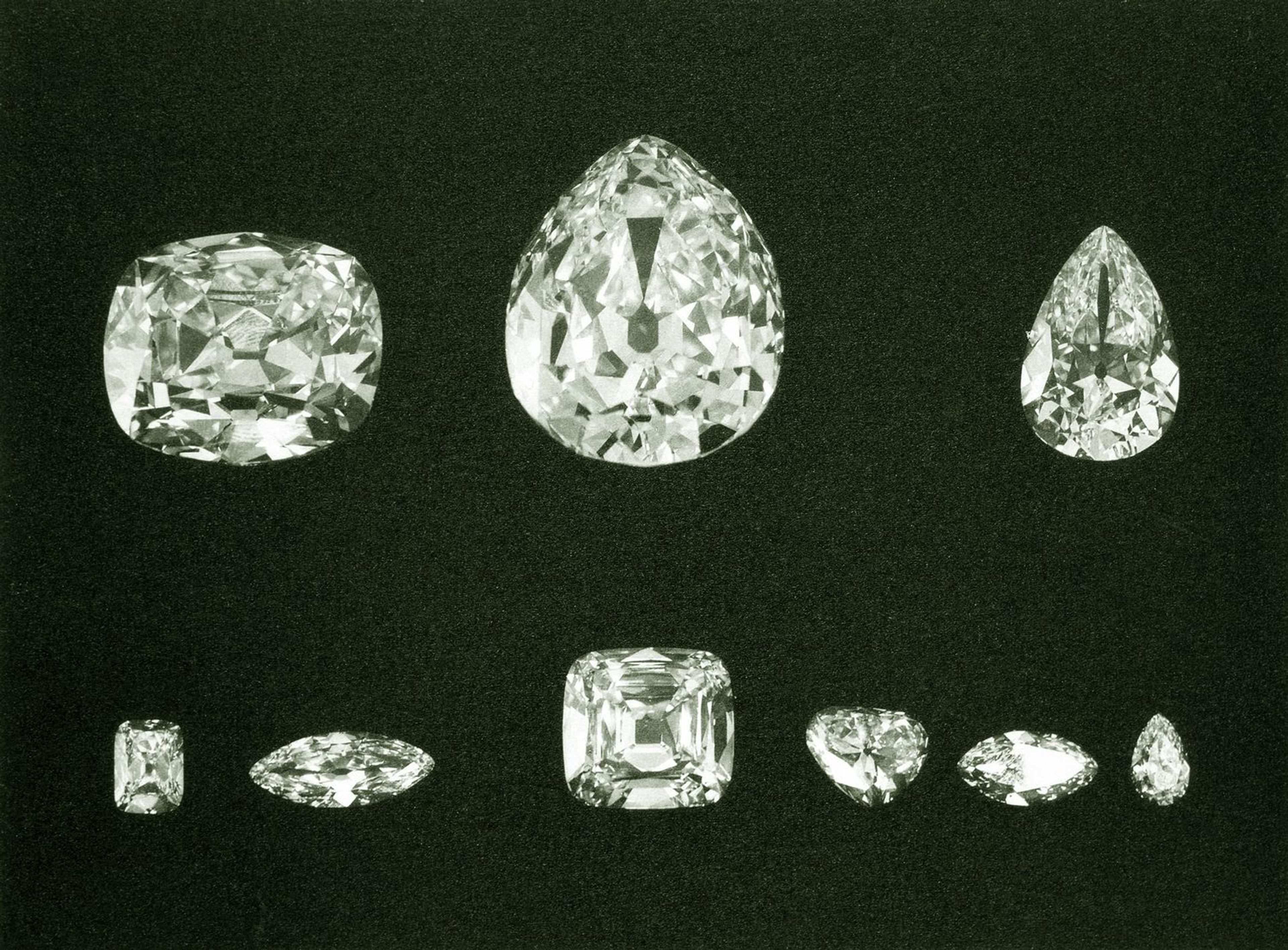 The 9 large diamonds cleaved from the Cullinan Diamond. The largest, Cullinan I and II were set in the Crown Jewels: the Sovereign's Sceptre and on the Imperial State Crown. The others (including the 96 smaller stones) were given to Asscher as payment for the cutting (although King Edward purchased Cullinan VI in a separate transaction). However, all the stones were then purchased by the South African government and given to Queen Mary in 1910. Queen Elizabeth frequently wore the brooch that Queen Mary made from Cullinan III and IV.