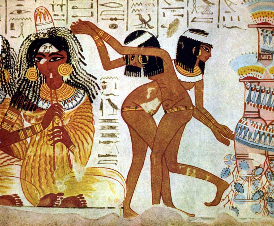 In ancient Egypt, people wore scents in unguent cones, which were like wax hats that dripped oil into one’s hair over the course of the day. (See woman at left.) 