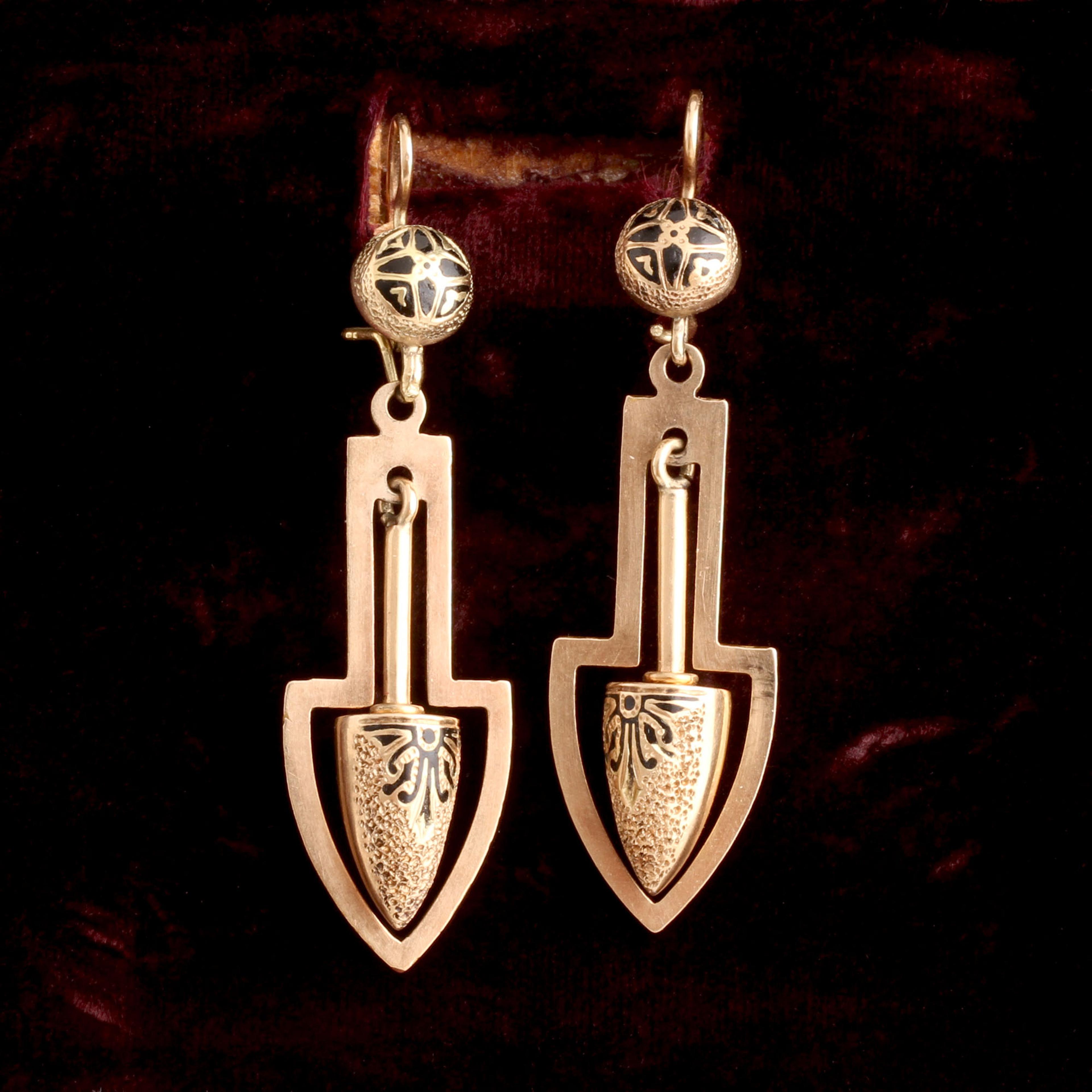 Late 19th Century Gold & Enamel Torpedo Drop Earrings