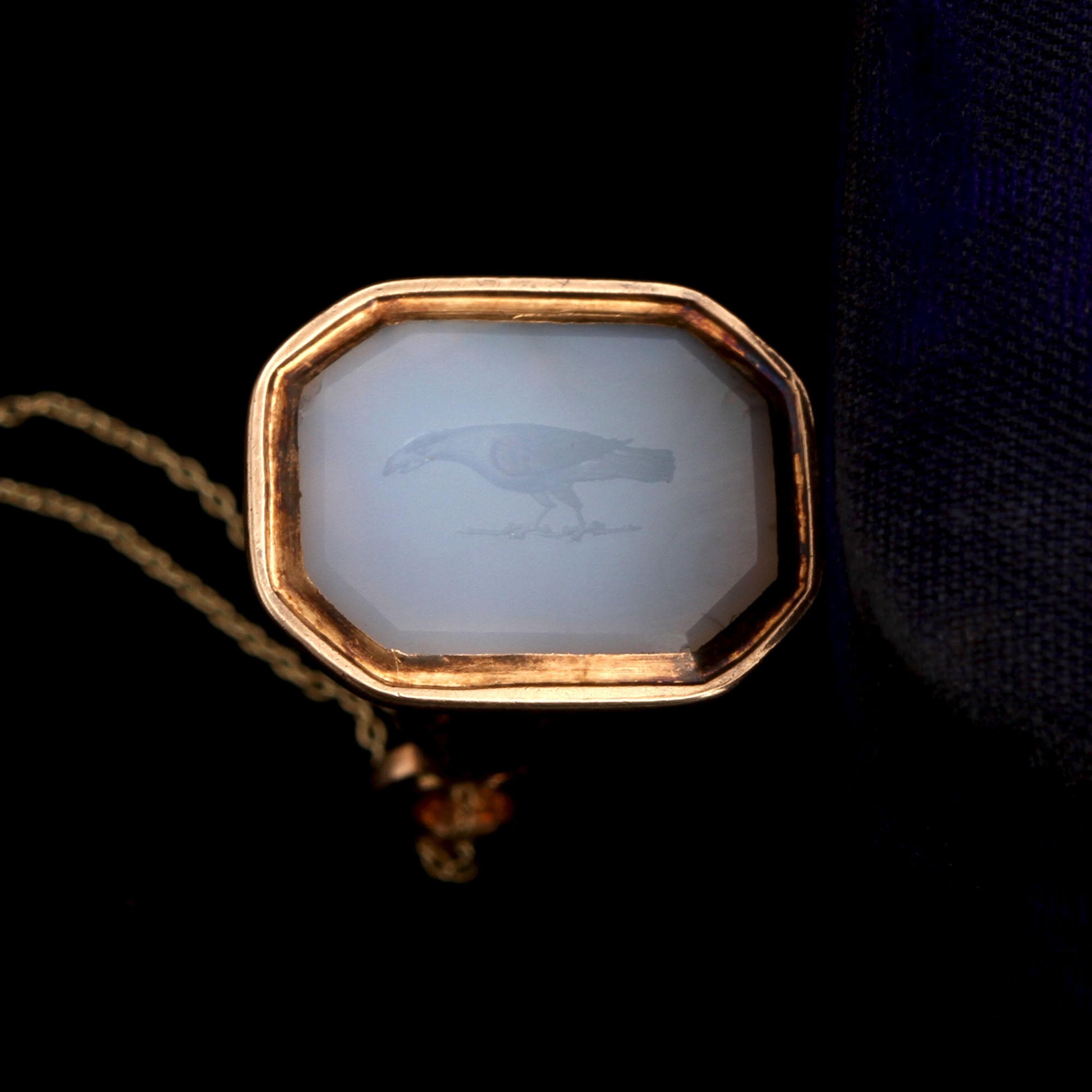 Detail of Georgian Chalcedony Raven Wax Seal Necklace