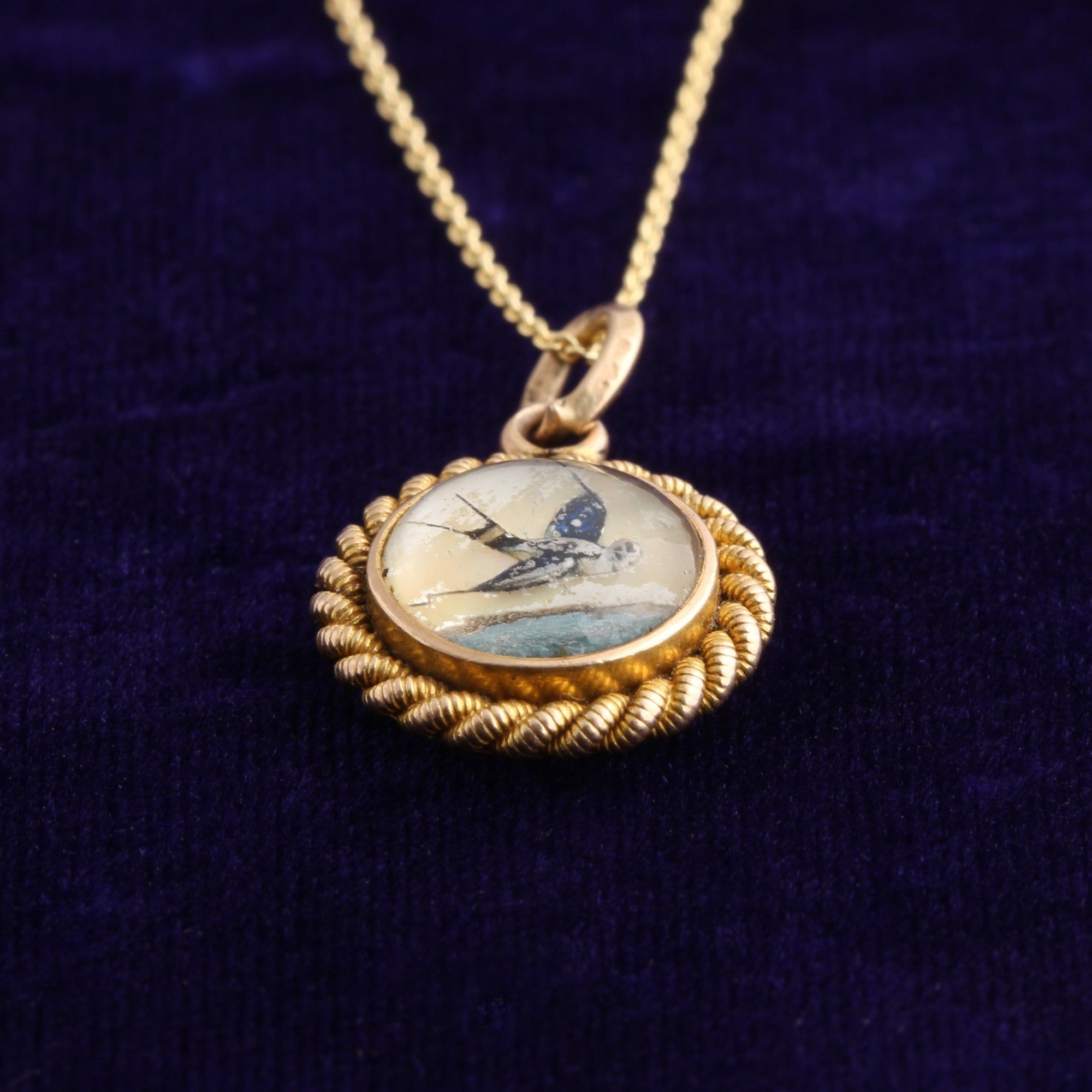 Victorian Reverse-Painted Swallow Pendant