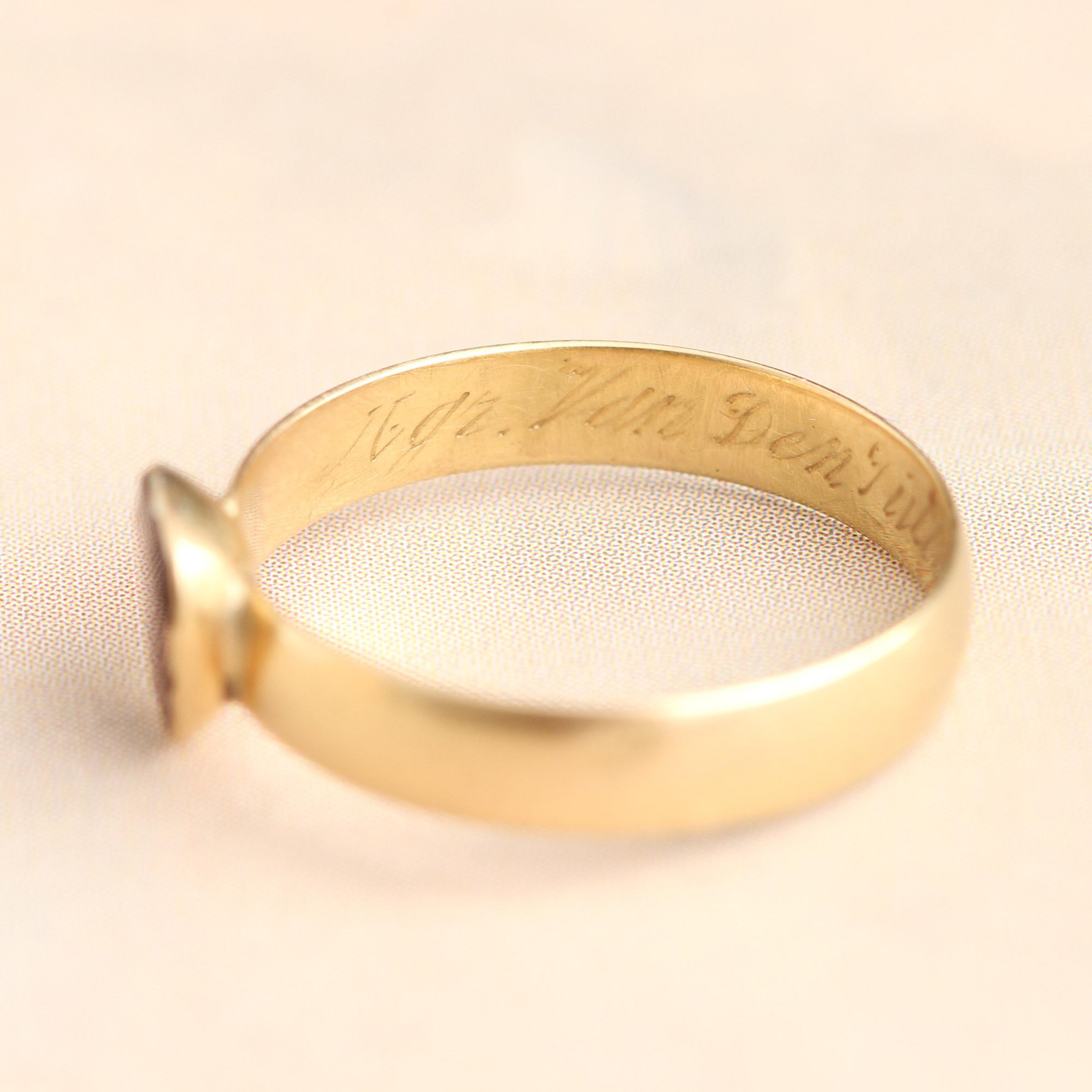 Inscription detail of the 19th Century Belgian Garnet Heart Wedding Ring