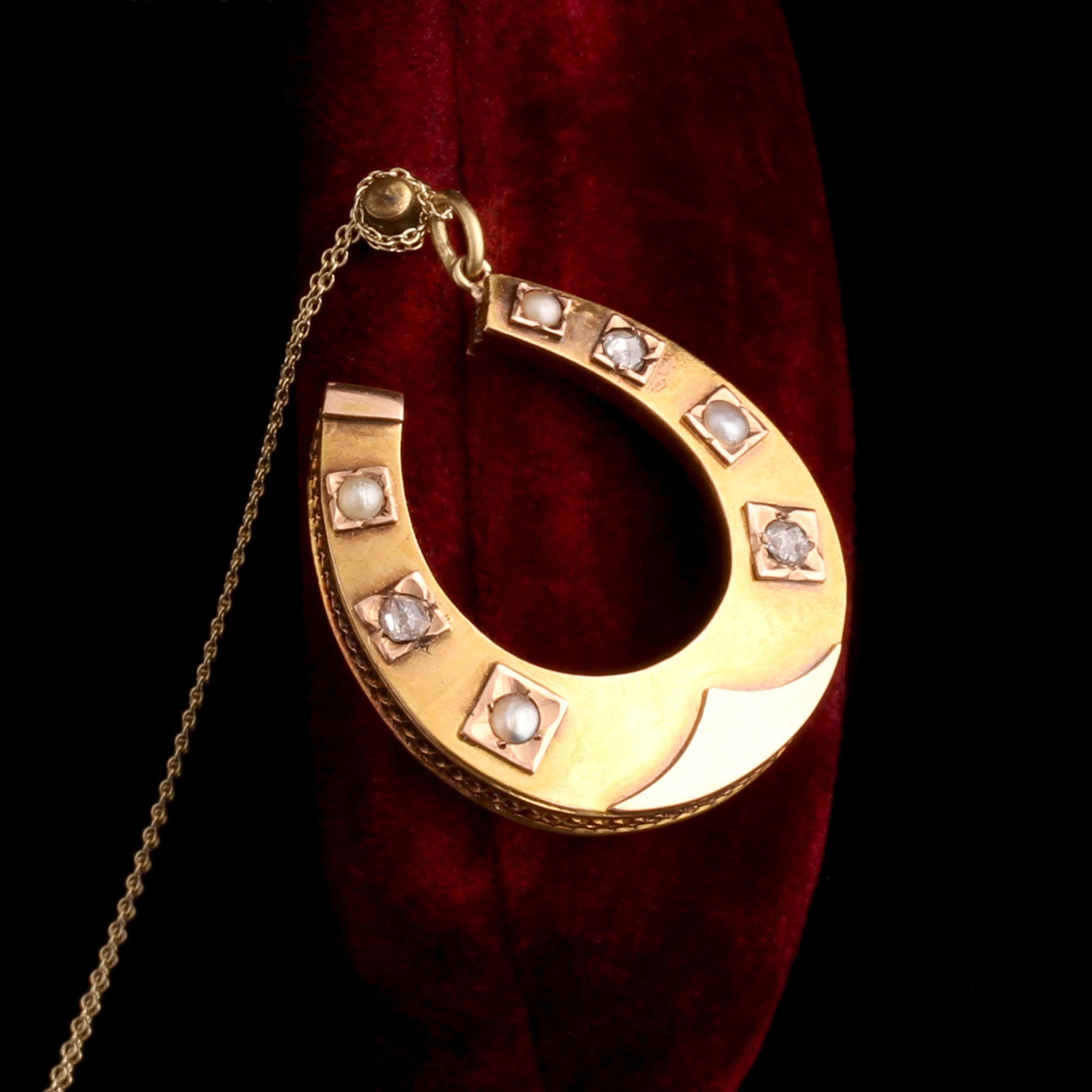 Detail of Victorian Diamond & Pearl Horseshoe Pendant