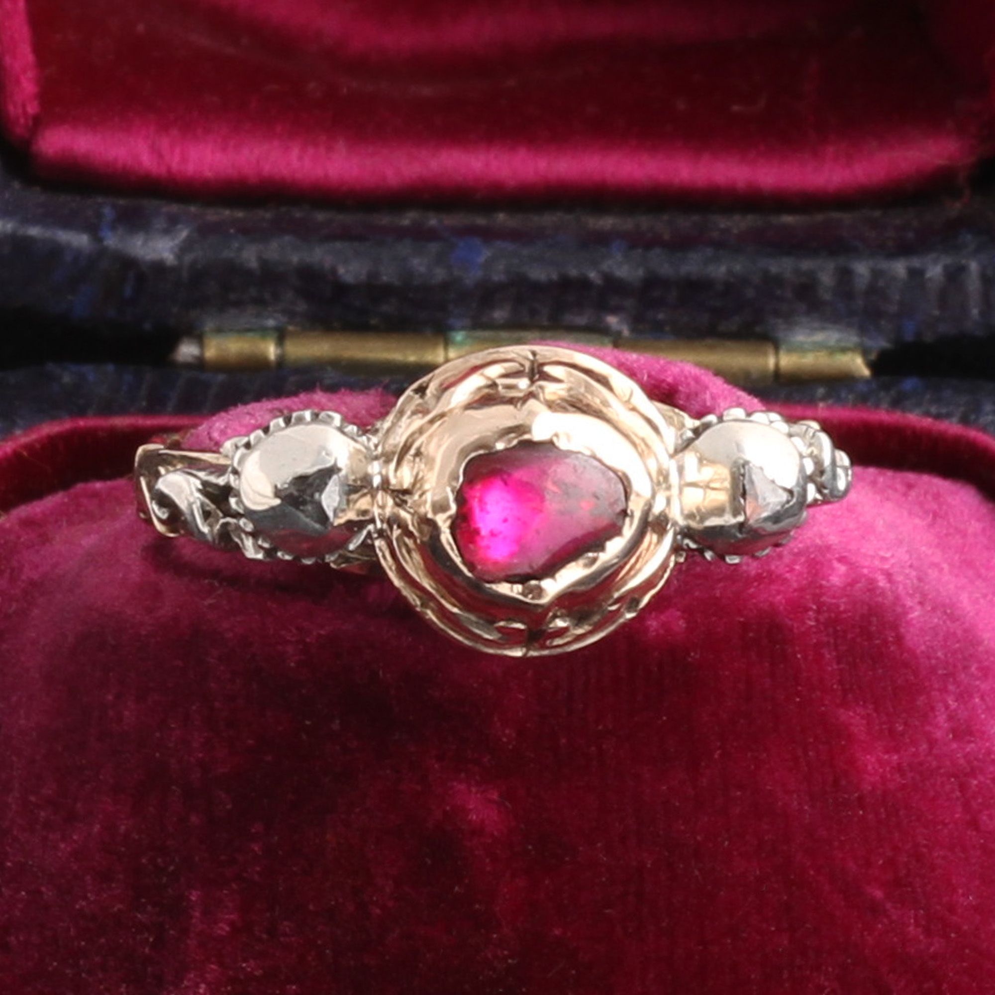 18th Century Ruby Cabochon and Macle Diamond Ring
