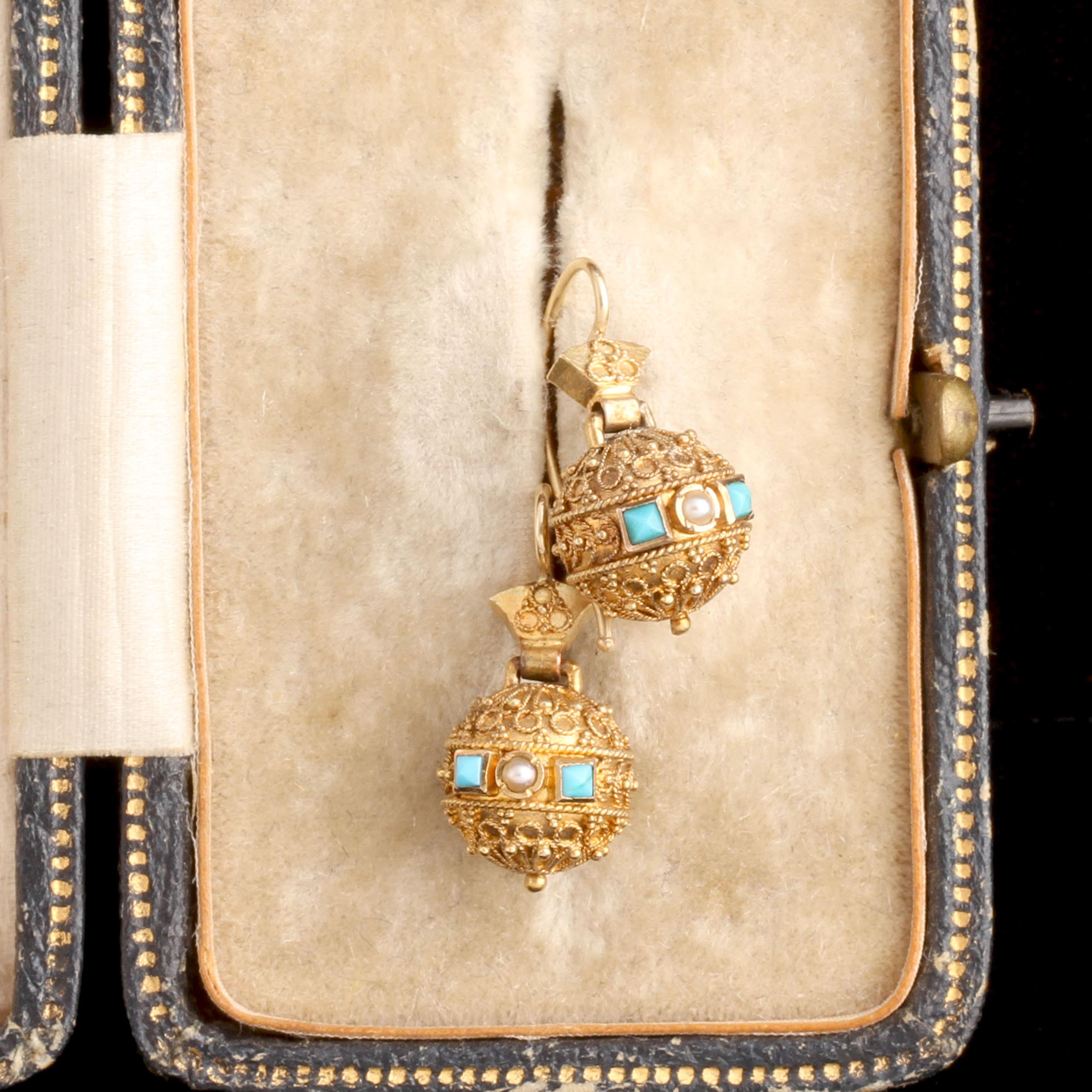 Mid Victorian Turquoise & Pearl Etruscan Style Earrings