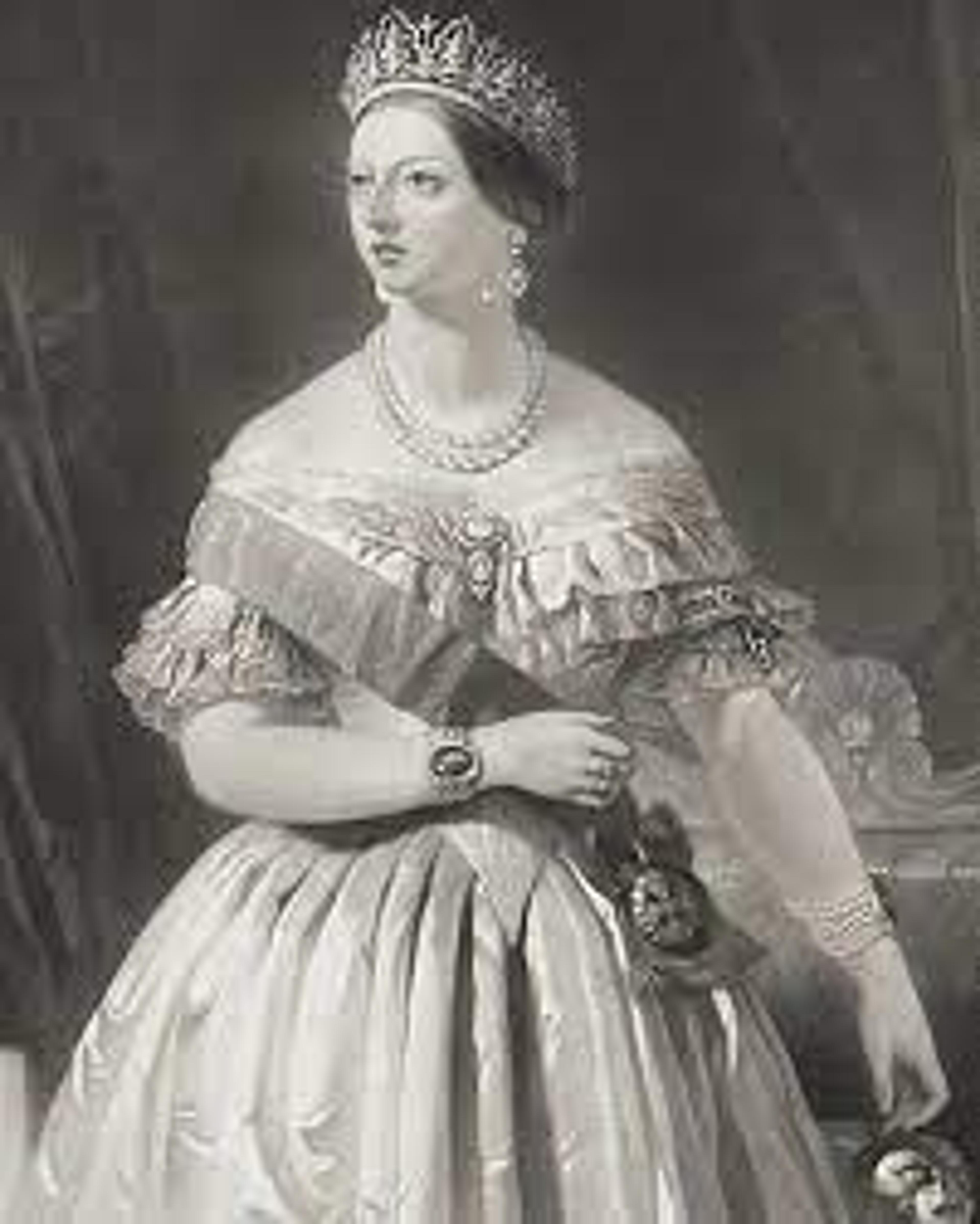 Queen Victoria wearing the opal and diamond tiara designed for her by Prince Albert. The opal was a favorite gemstone of his. Victoria's daughter-in-law Queen Alexandra, believing the opals to be unlucky, had them replaced with rubies.