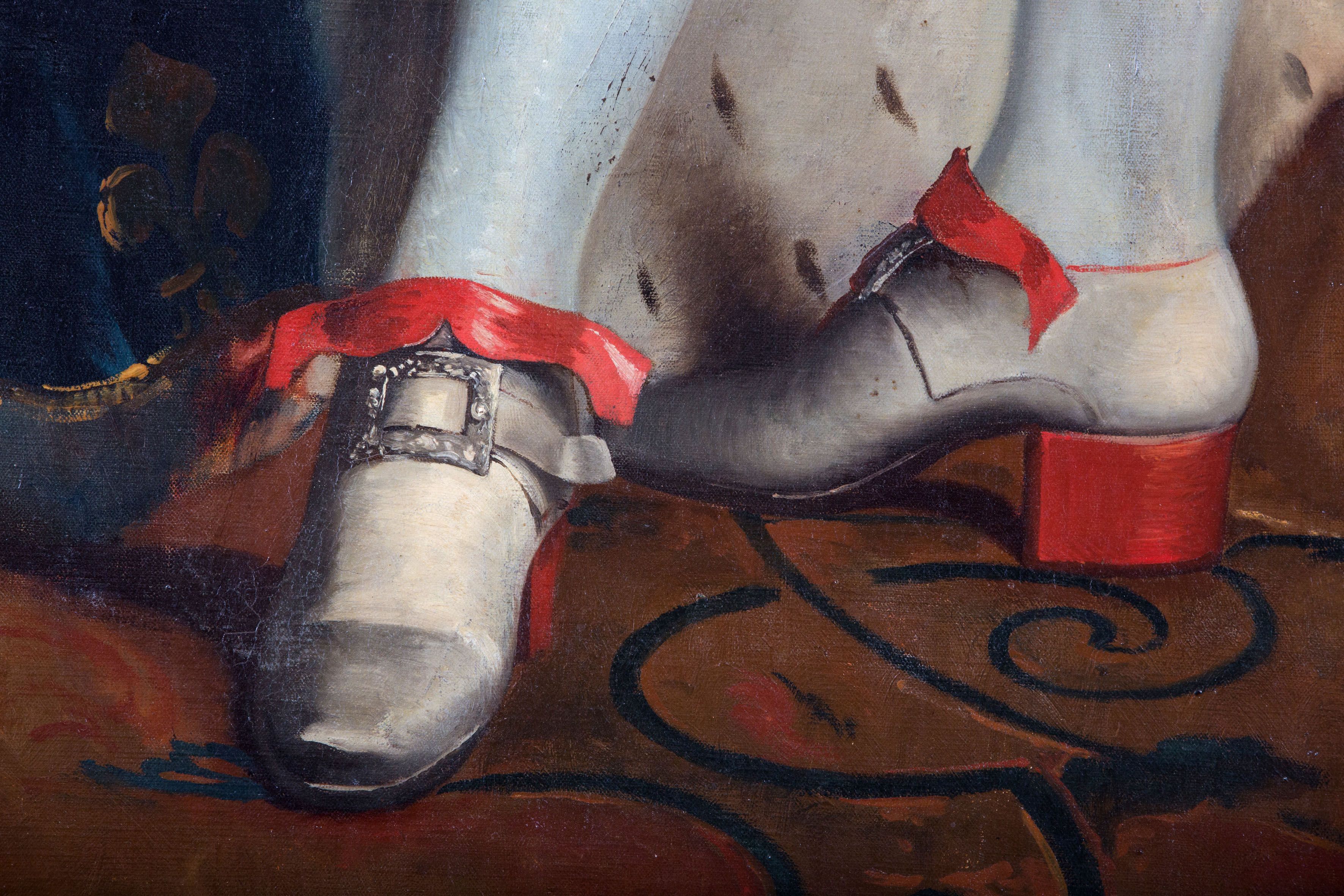 Not only did his shoes have diamond buckles, but they were thought to be the first red heel. Louis XIV, 1701. 