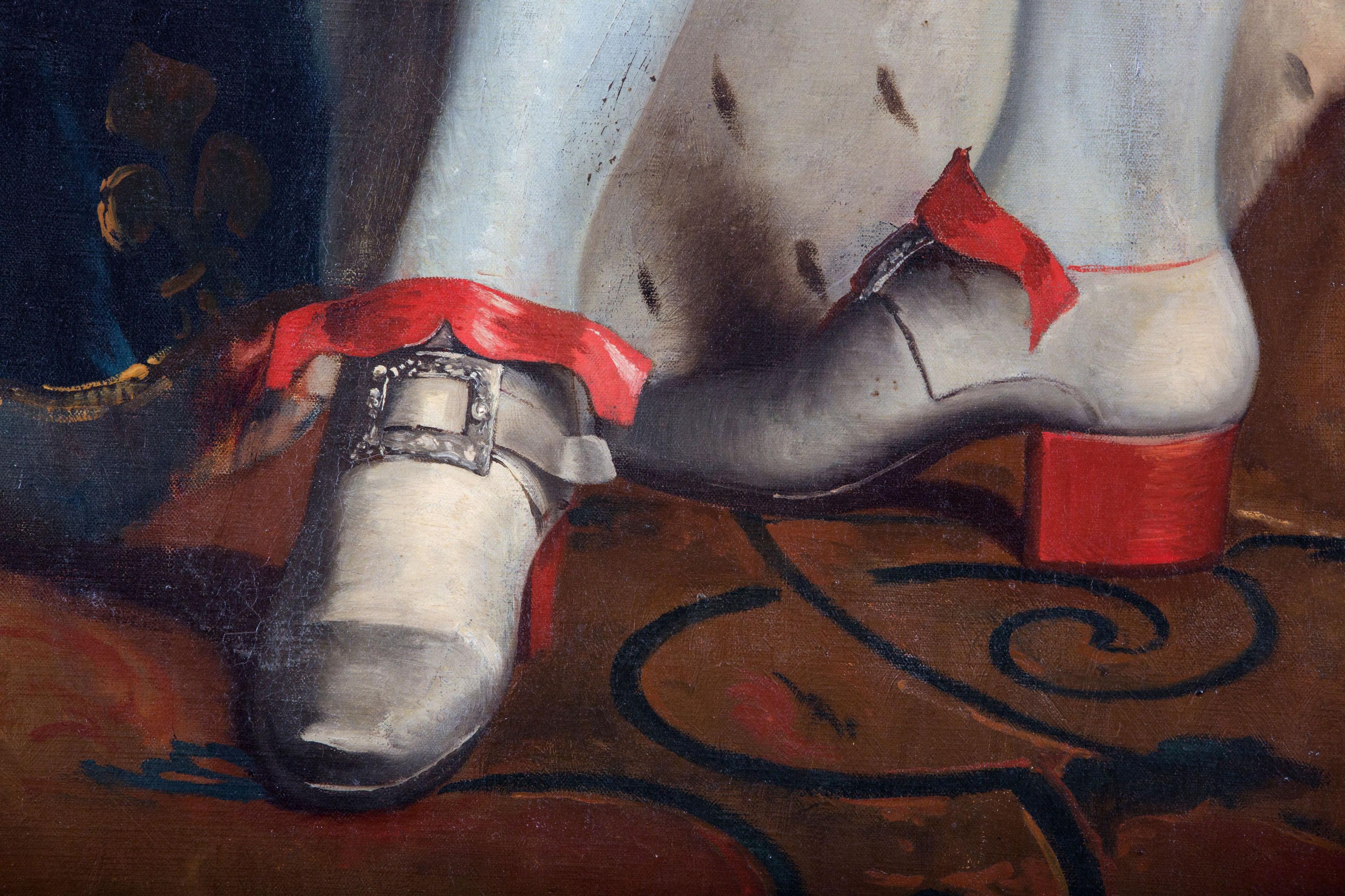 Not only did his shoes have diamond buckles, but they were thought to be the first red heel. Louis XIV, 1701.