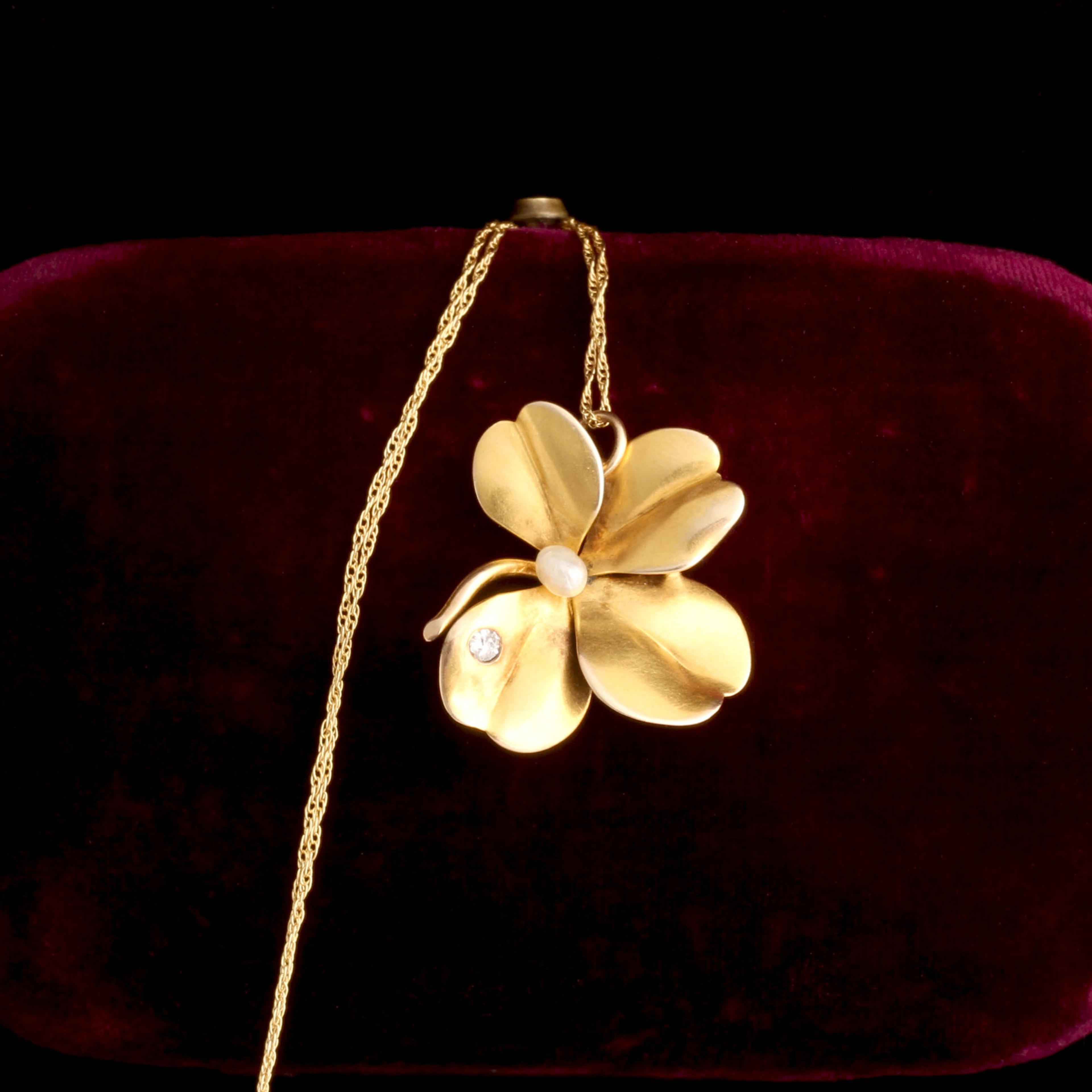 Edwardian Diamond & Pearl Lucky Clover Necklace