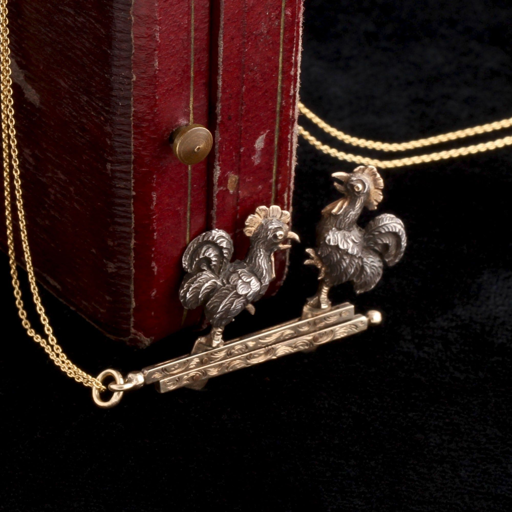 Late 19th Century French Fighting Cocks Charm Necklace