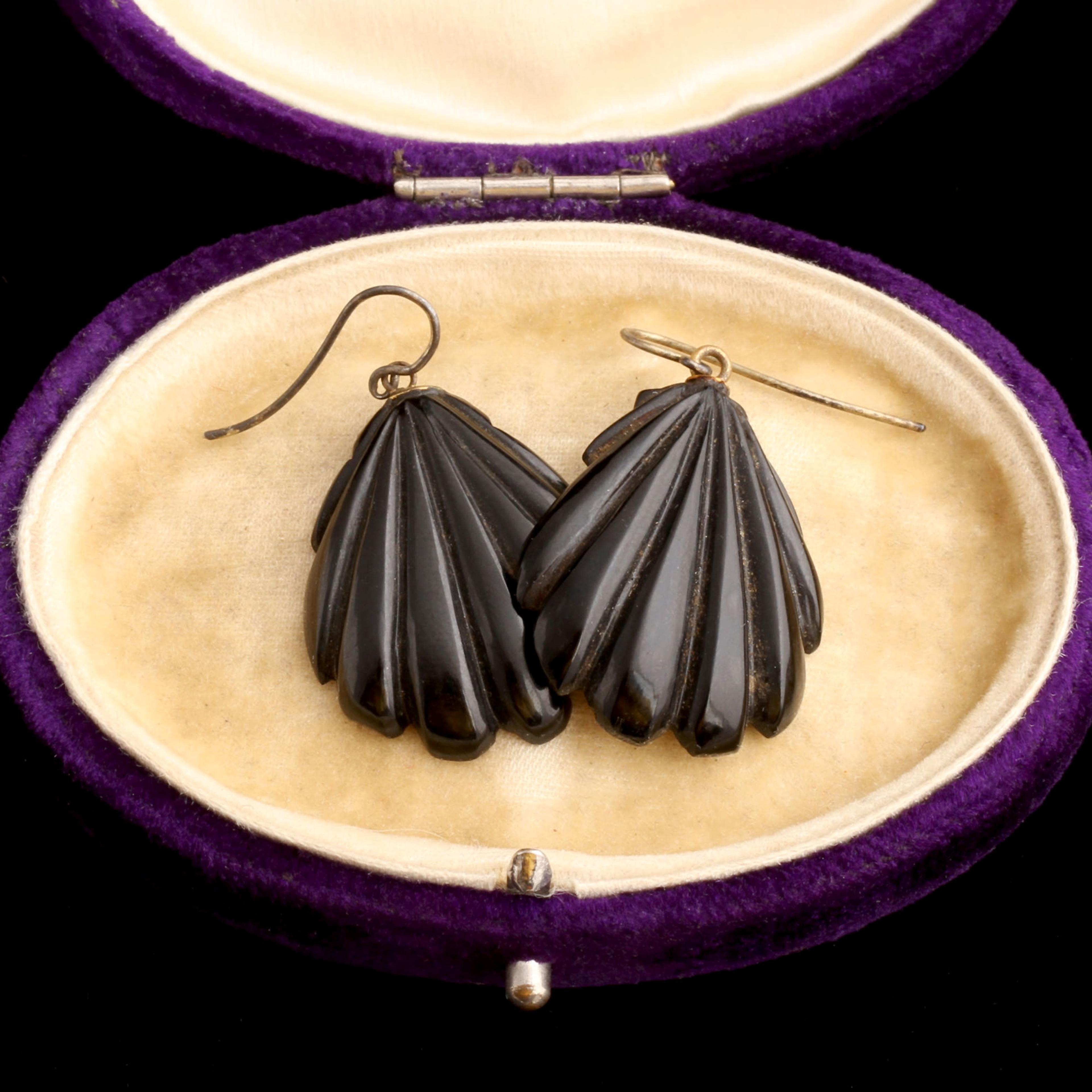 Detail of Victorian Carved Jet Shell Earrings