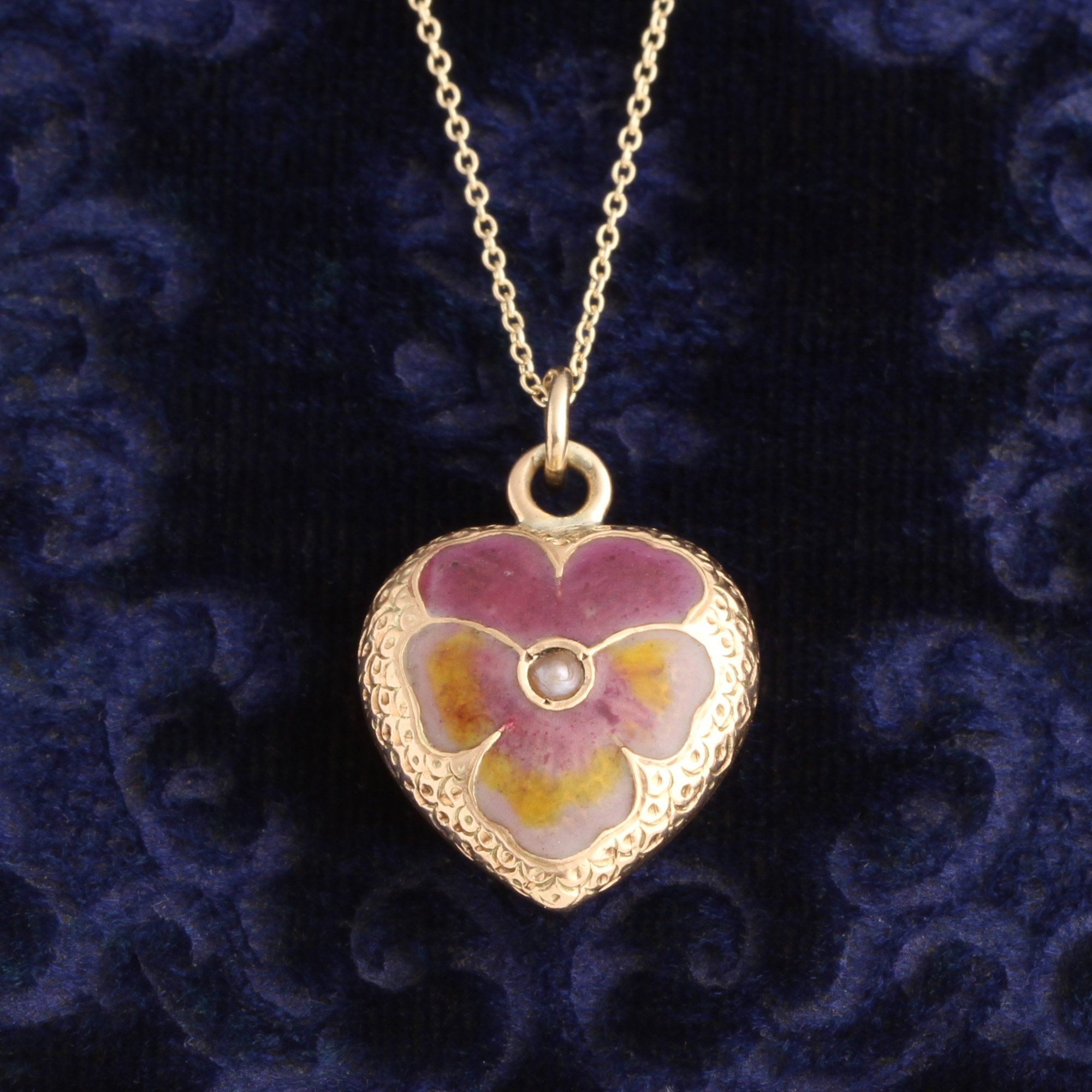 Victorian Enamel Pansy Heart Necklace
