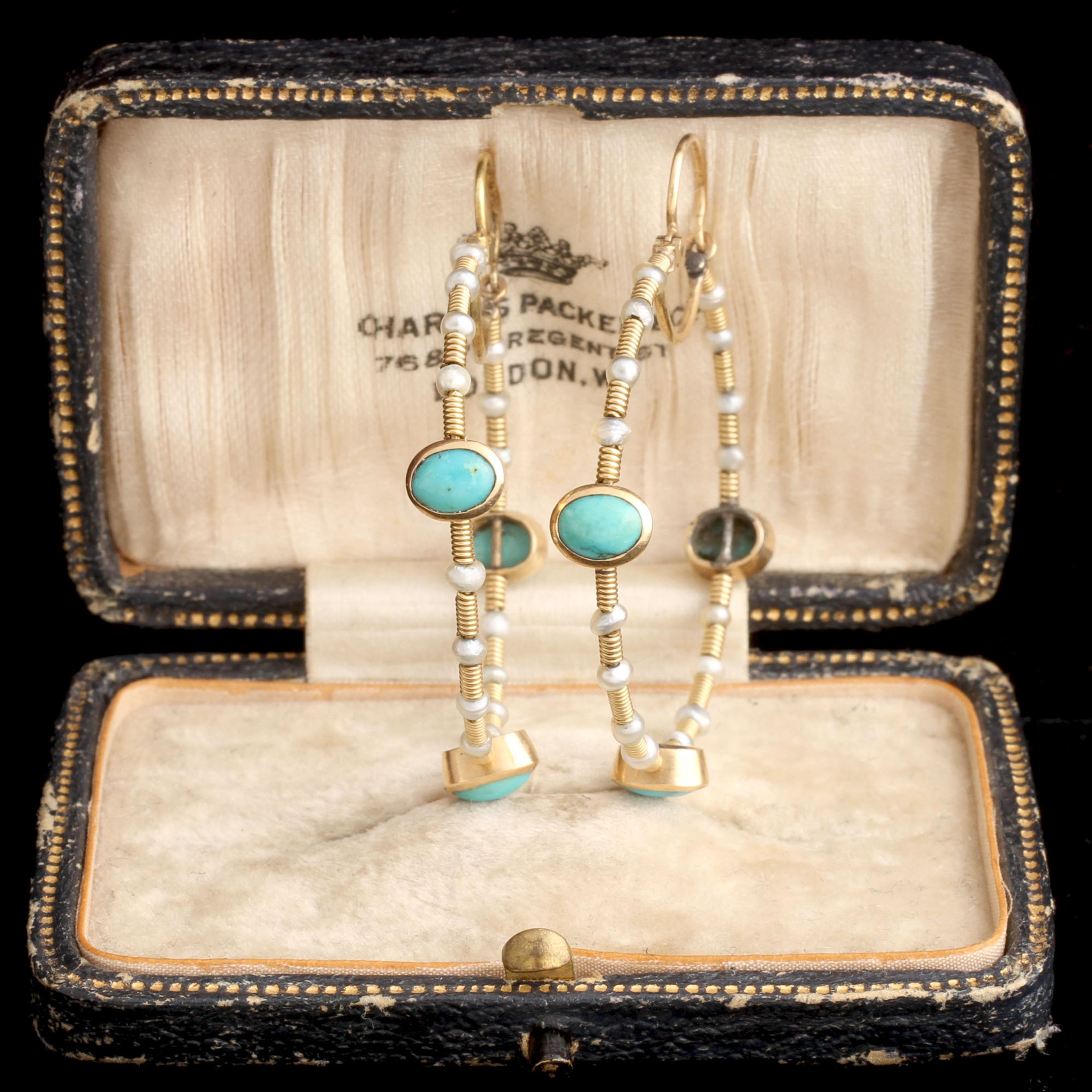 Early Victorian Turquoise & Seed Pearl Twisted Wire Hoops