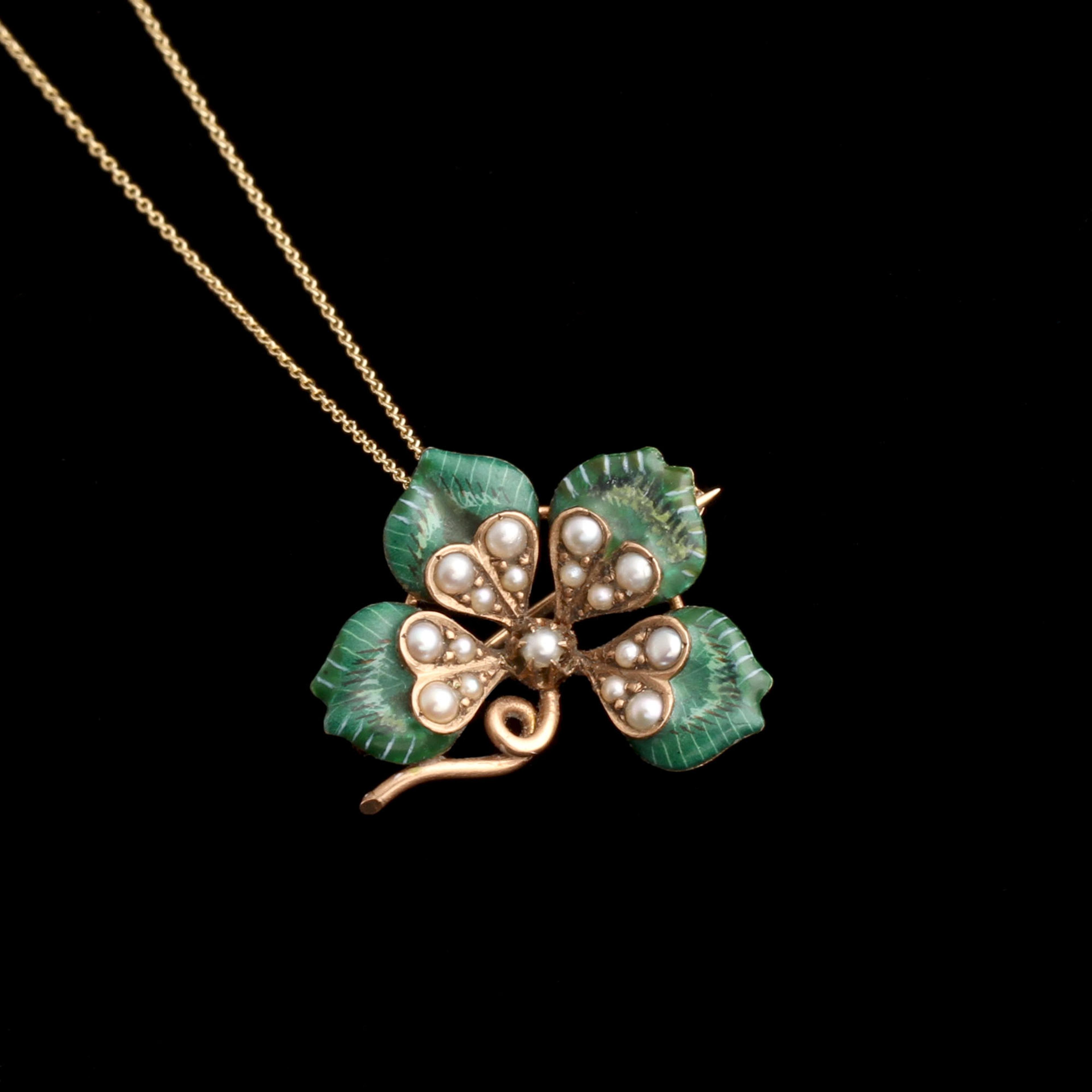 Victorian Enamel & Pearl Clover Pendant & Brooch