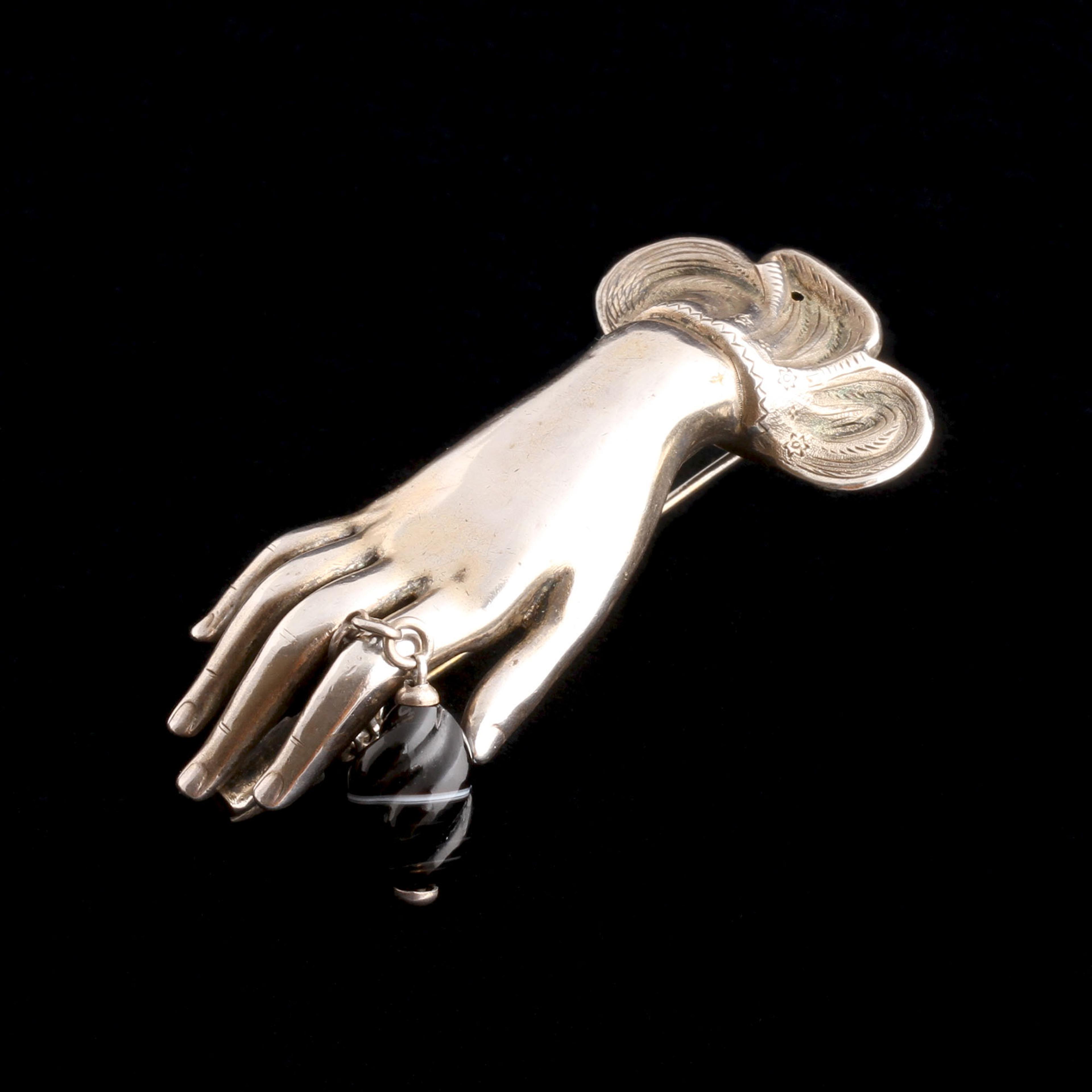 Victorian Silver Hand Brooch with Pendant Agate