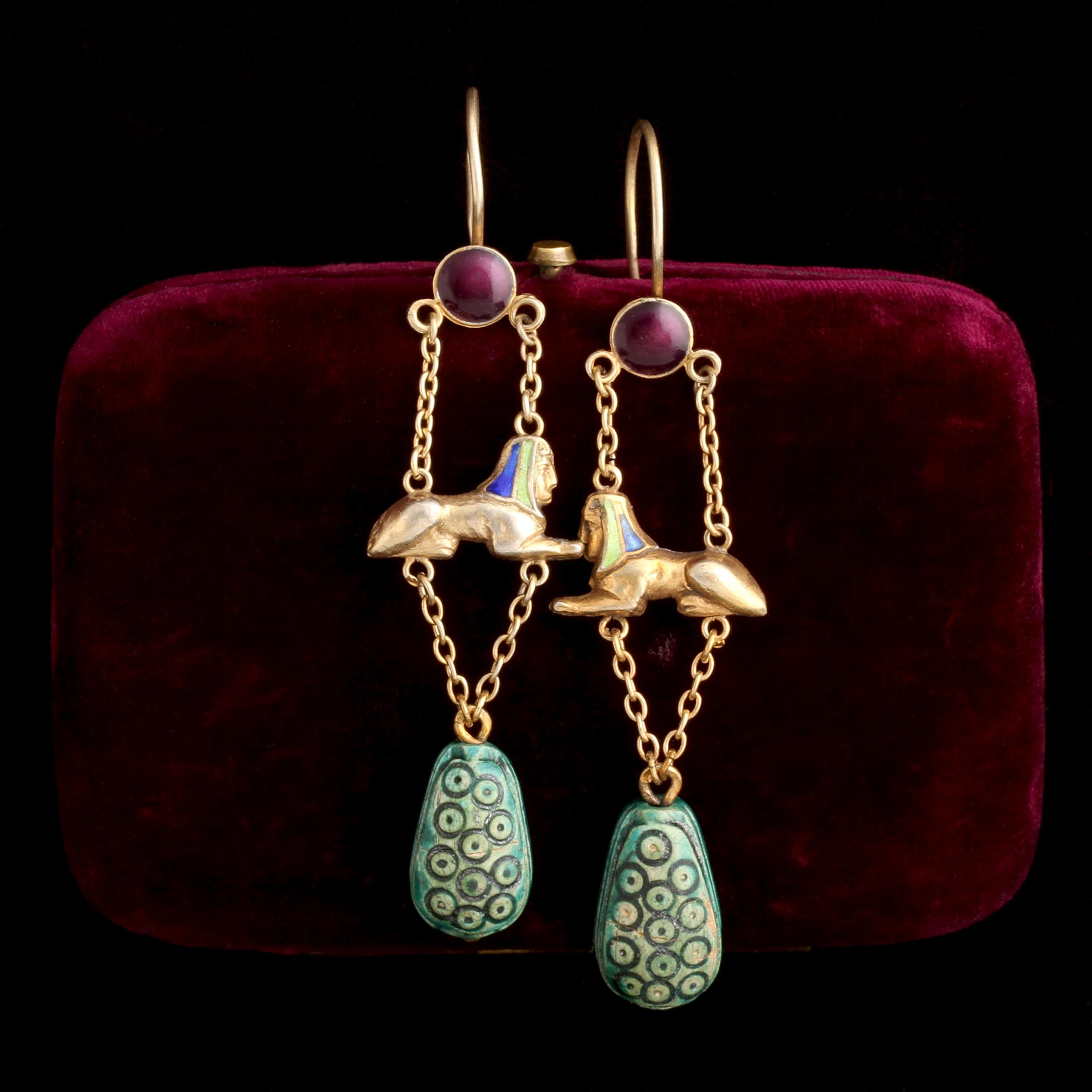 Egyptian Revival Sphinx & Faience Gilt Silver Earrings