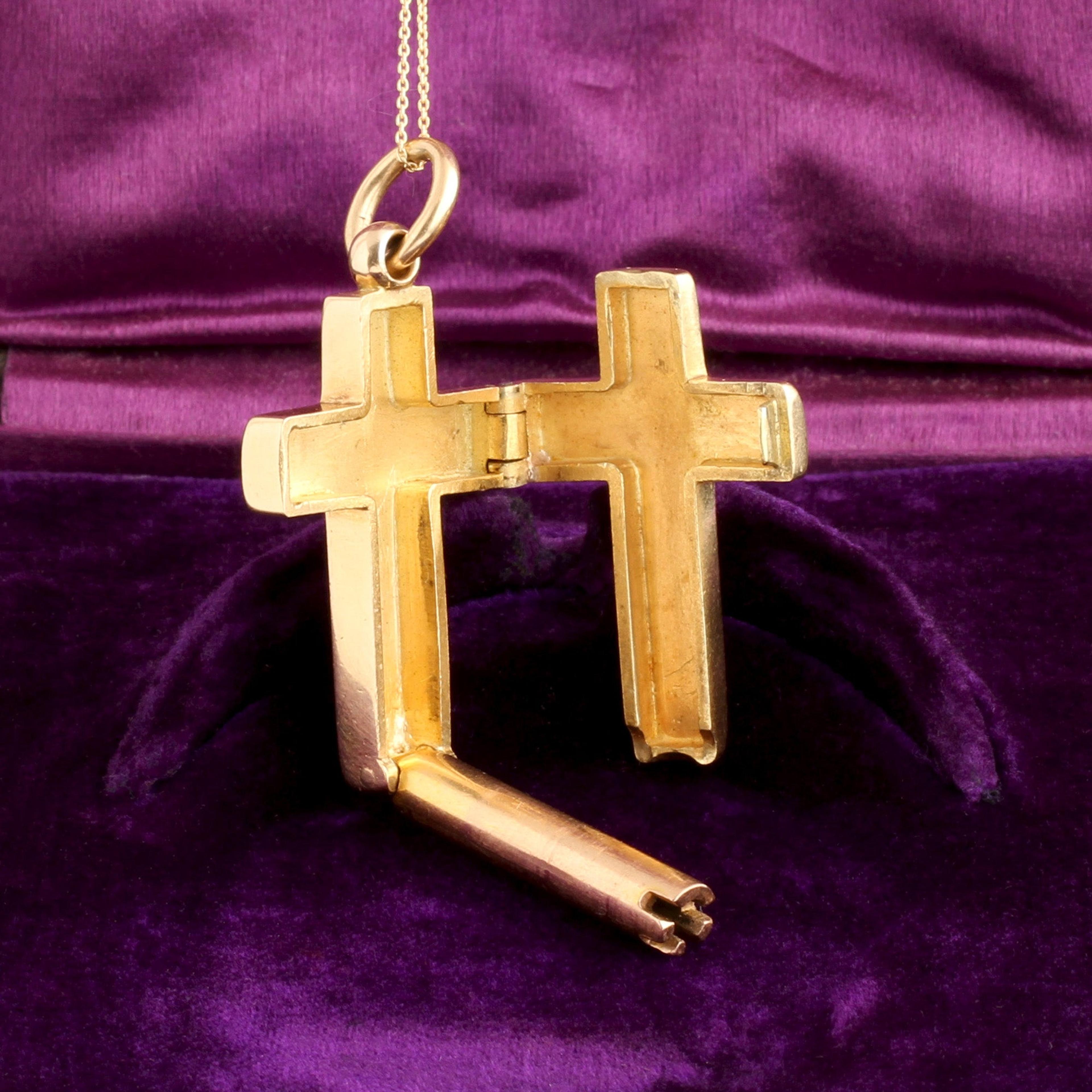 Detail of Victorian Concealed Key Cross Pendant open with key extended