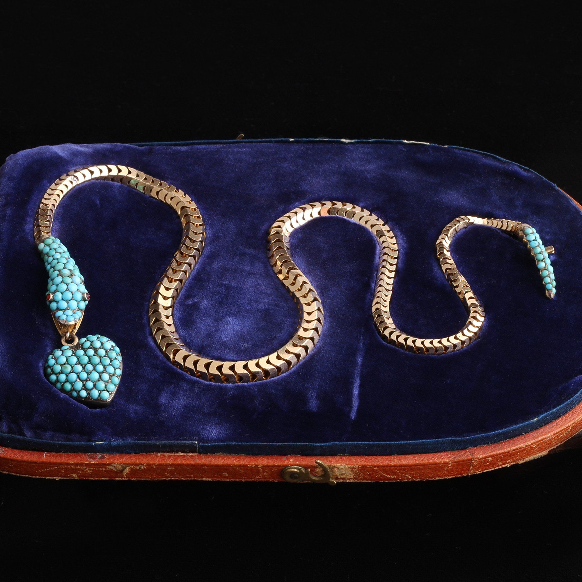 Detail of Victorian Turquoise Snake Collar with Heart Pendant In Original Box