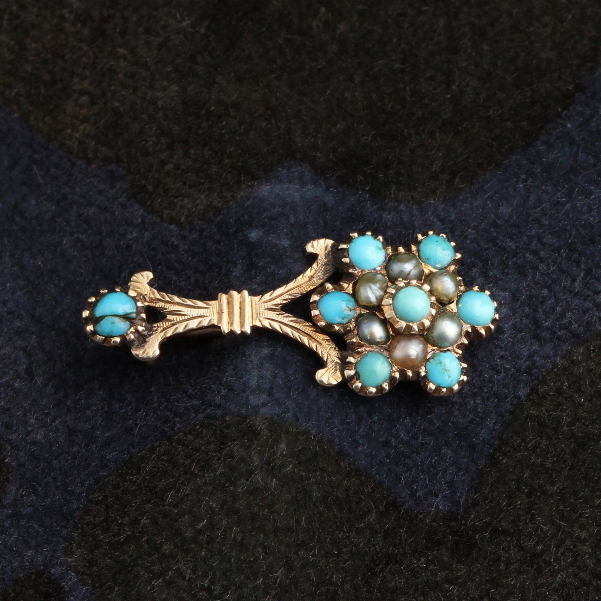 Front detail of Georgian Turquoise and Pearl Halley's Comet Brooch