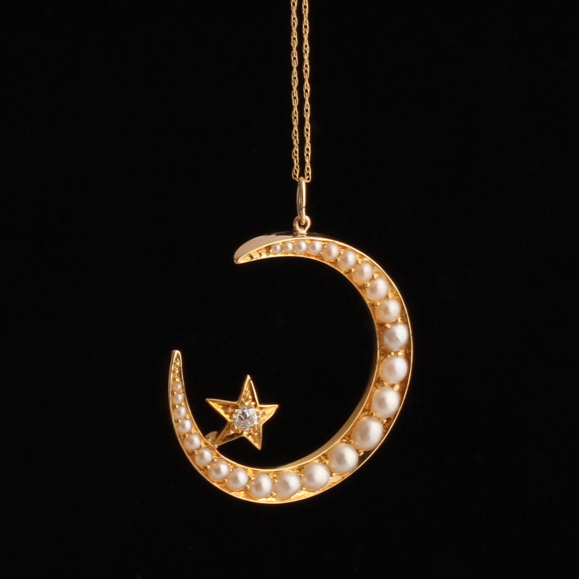 Detail of Victorian Pearl Moon & Diamond Star Necklace