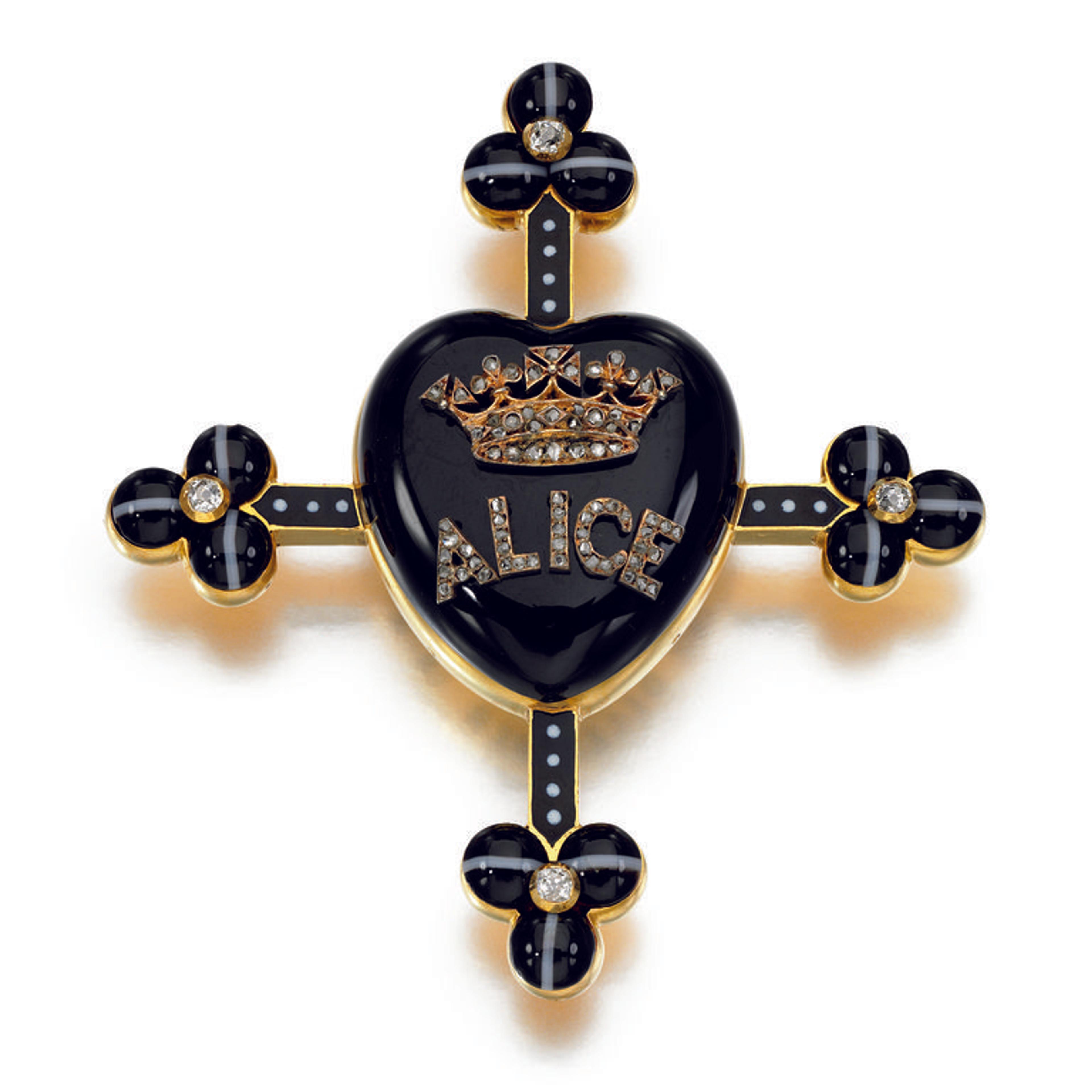 Onyx heart with the name of Queen Victoria's daughter Alice (who died of diphtheria in 1878, at age 35).